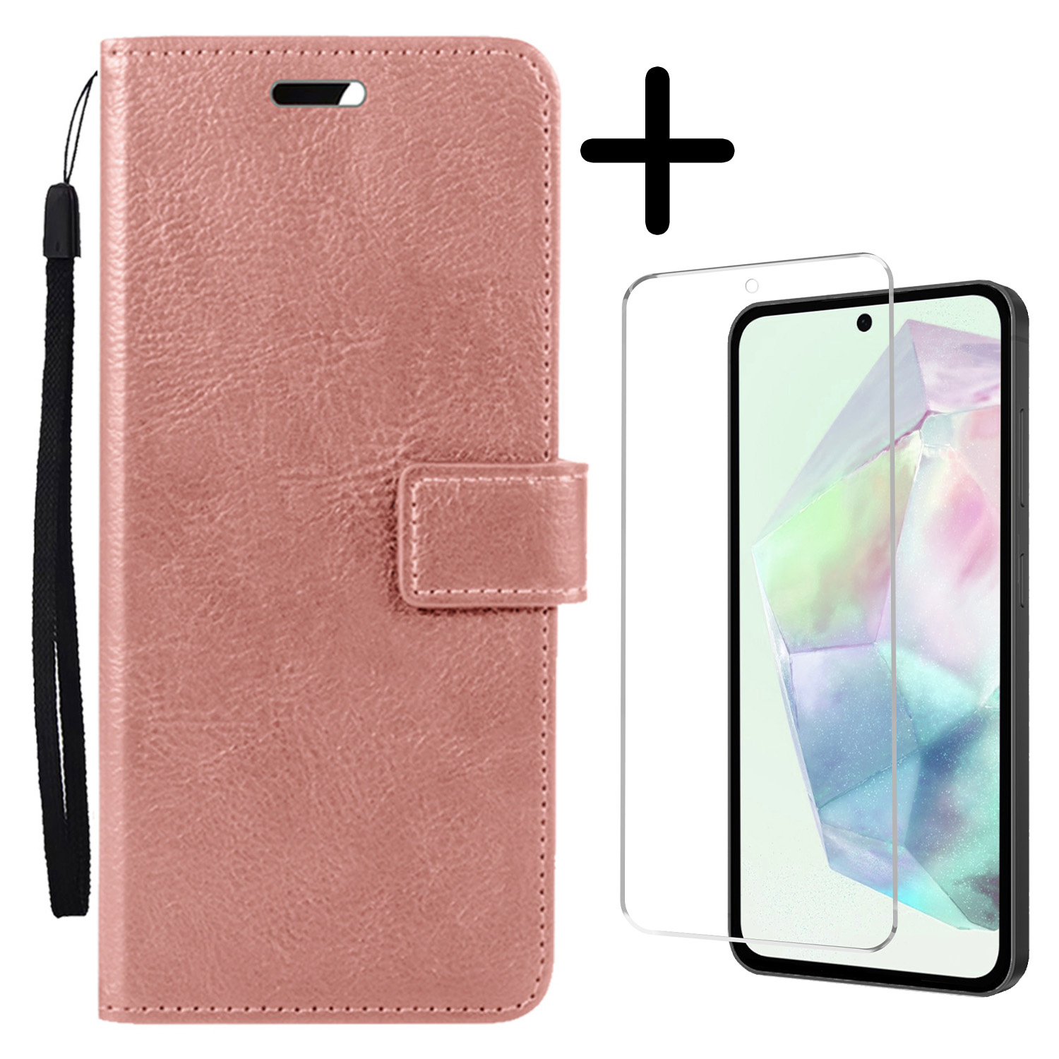 BASEY. Hoes Geschikt voor Samsung A35 Hoesje Bookcase Hoes Flip Case Book Cover Met Screenprotector - Hoesje Geschikt voor Samsung Galaxy A35 5G Hoes Book Case Hoesje - Rosé goud