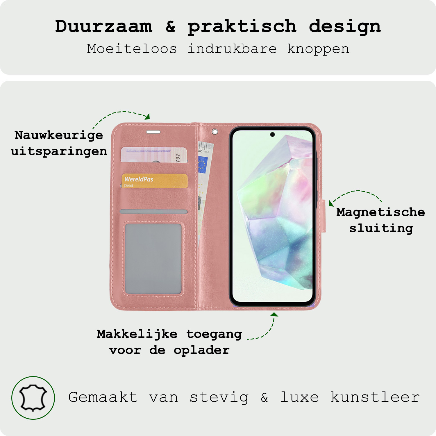 BASEY. Hoes Geschikt voor Samsung A35 Hoesje Bookcase Hoes Flip Case Book Cover Met Screenprotector - Hoesje Geschikt voor Samsung Galaxy A35 5G Hoes Book Case Hoesje - Rosé goud