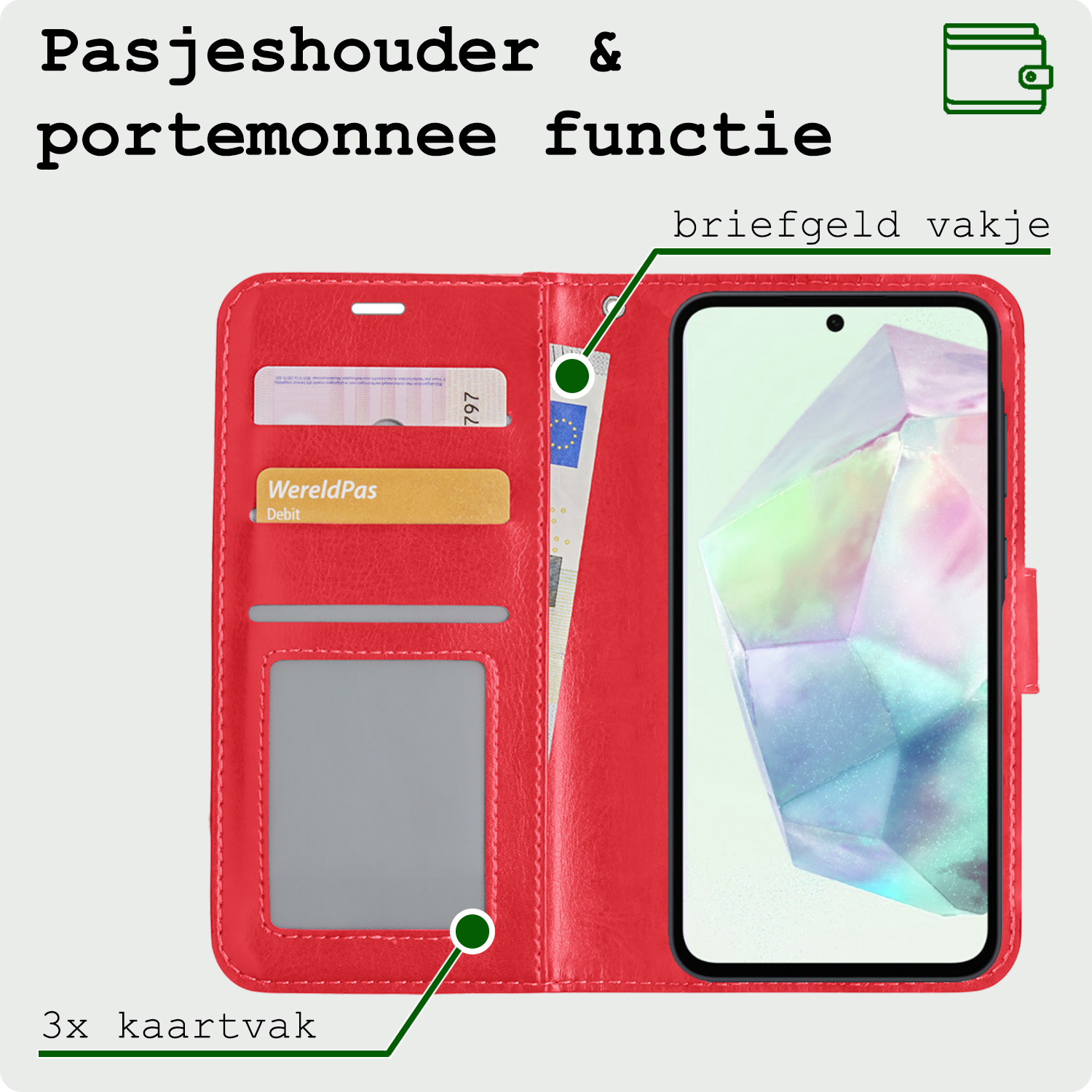 BASEY. Hoes Geschikt voor Samsung A35 Hoesje Bookcase Hoes Flip Case Book Cover Met Screenprotector - Hoesje Geschikt voor Samsung Galaxy A35 5G Hoes Book Case Hoesje - Rood
