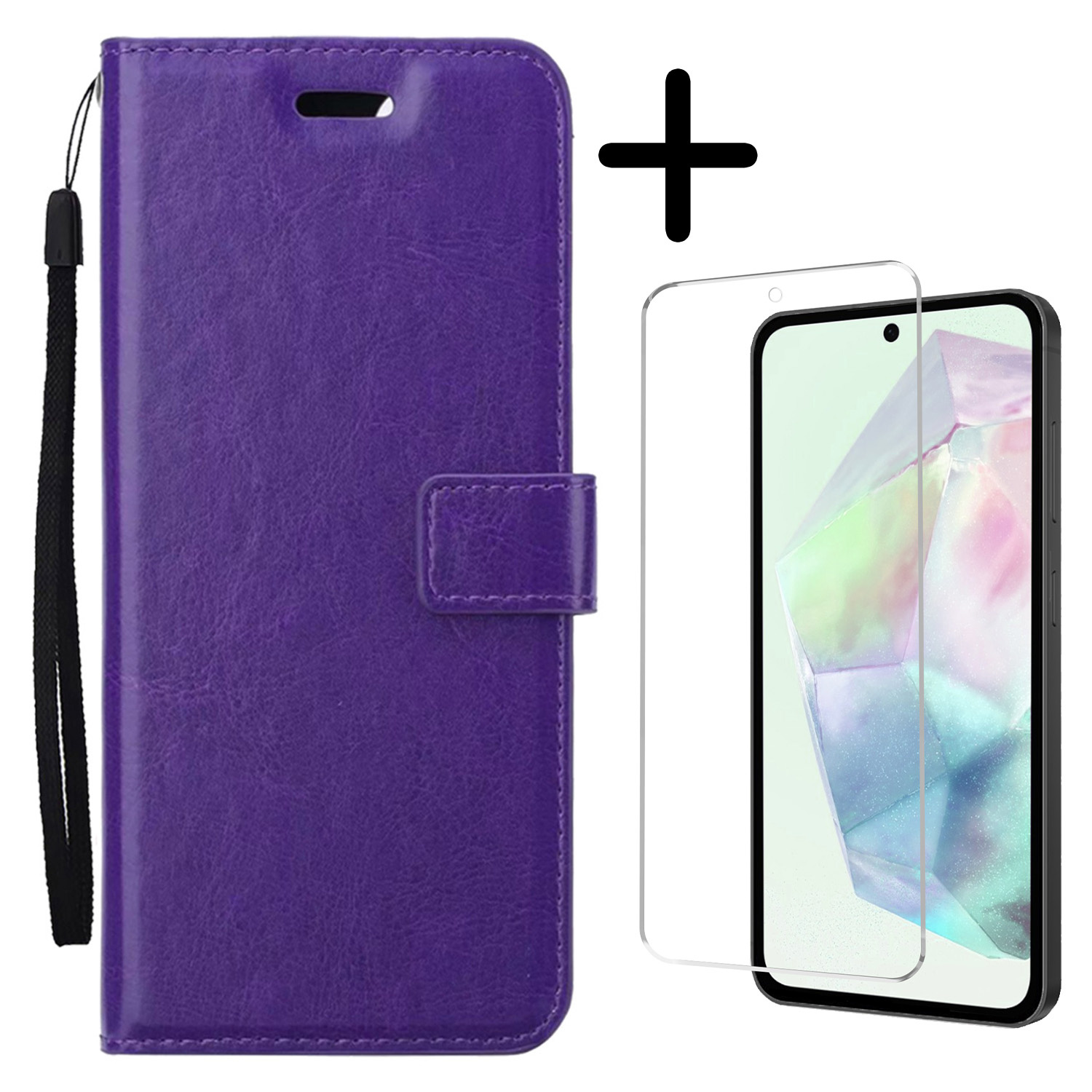 BASEY. Hoes Geschikt voor Samsung A35 Hoesje Bookcase Hoes Flip Case Book Cover Met Screenprotector - Hoesje Geschikt voor Samsung Galaxy A35 5G Hoes Book Case Hoesje - Paars