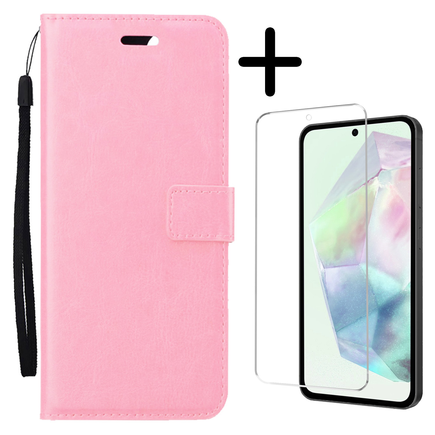 BASEY. Hoes Geschikt voor Samsung A35 Hoesje Bookcase Hoes Flip Case Book Cover Met Screenprotector - Hoesje Geschikt voor Samsung Galaxy A35 5G Hoes Book Case Hoesje - Lichtroze