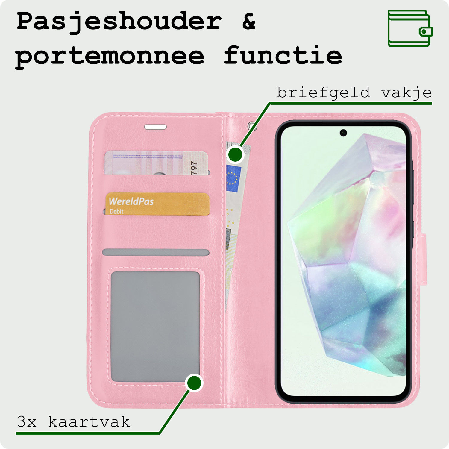 BASEY. Hoes Geschikt voor Samsung A35 Hoesje Bookcase Hoes Flip Case Book Cover Met Screenprotector - Hoesje Geschikt voor Samsung Galaxy A35 5G Hoes Book Case Hoesje - Lichtroze
