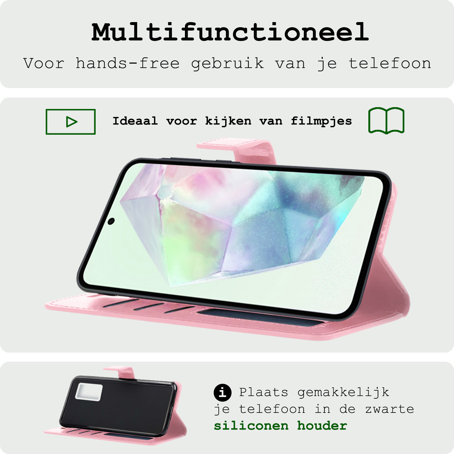 BASEY. Hoes Geschikt voor Samsung A35 Hoesje Bookcase Hoes Flip Case Book Cover Met Screenprotector - Hoesje Geschikt voor Samsung Galaxy A35 5G Hoes Book Case Hoesje - Lichtroze