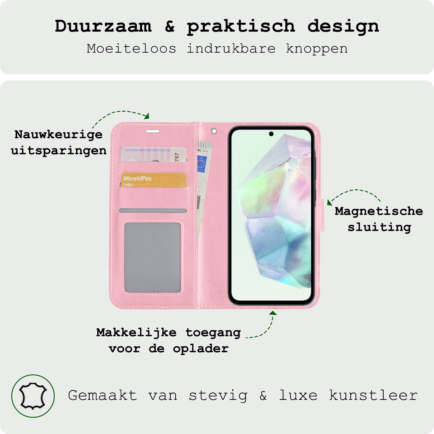 BASEY. Hoes Geschikt voor Samsung A35 Hoesje Bookcase Hoes Flip Case Book Cover Met Screenprotector - Hoesje Geschikt voor Samsung Galaxy A35 5G Hoes Book Case Hoesje - Lichtroze
