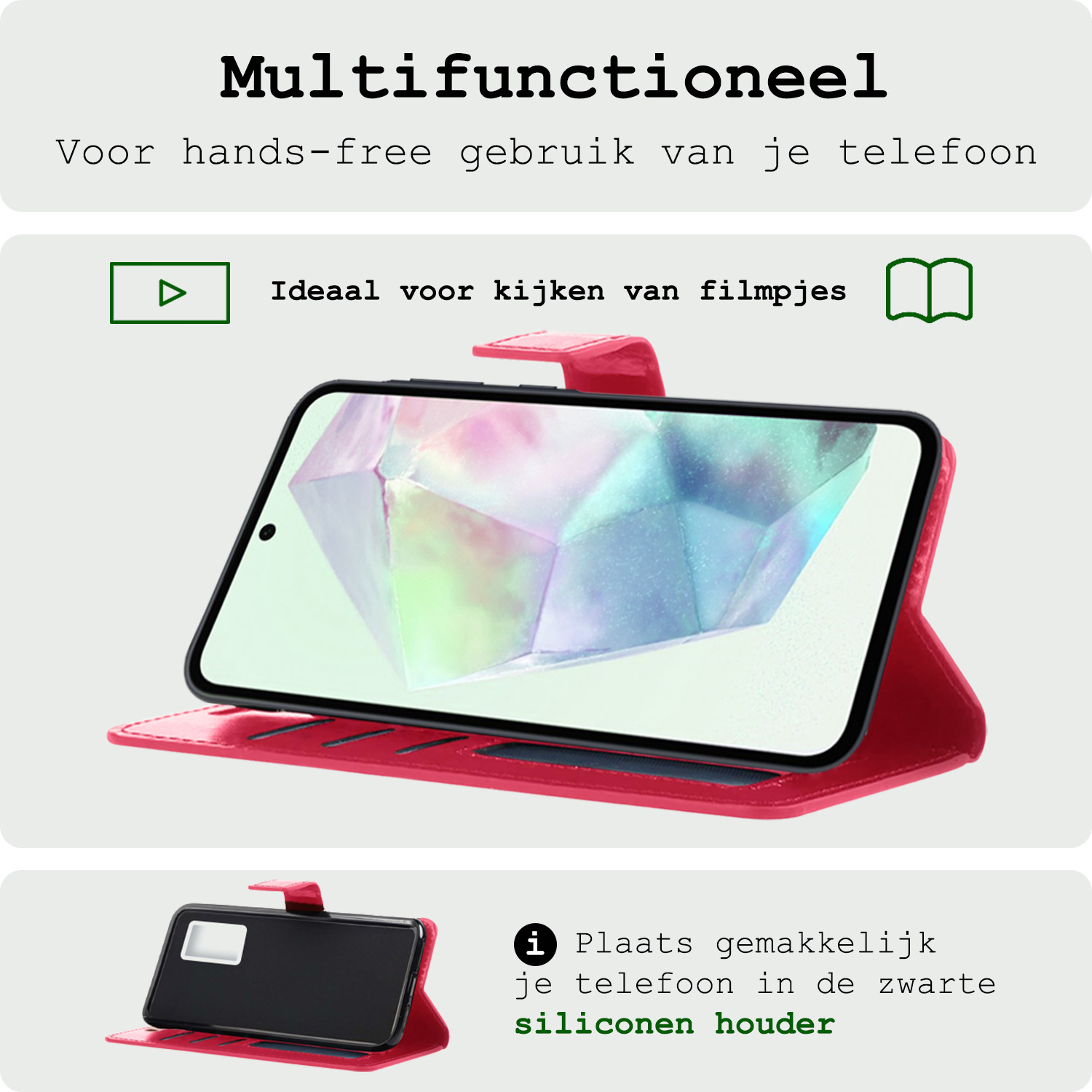 BASEY. Hoes Geschikt voor Samsung A35 Hoesje Bookcase Hoes Flip Case Book Cover Met Screenprotector - Hoesje Geschikt voor Samsung Galaxy A35 5G Hoes Book Case Hoesje - Donkerroze