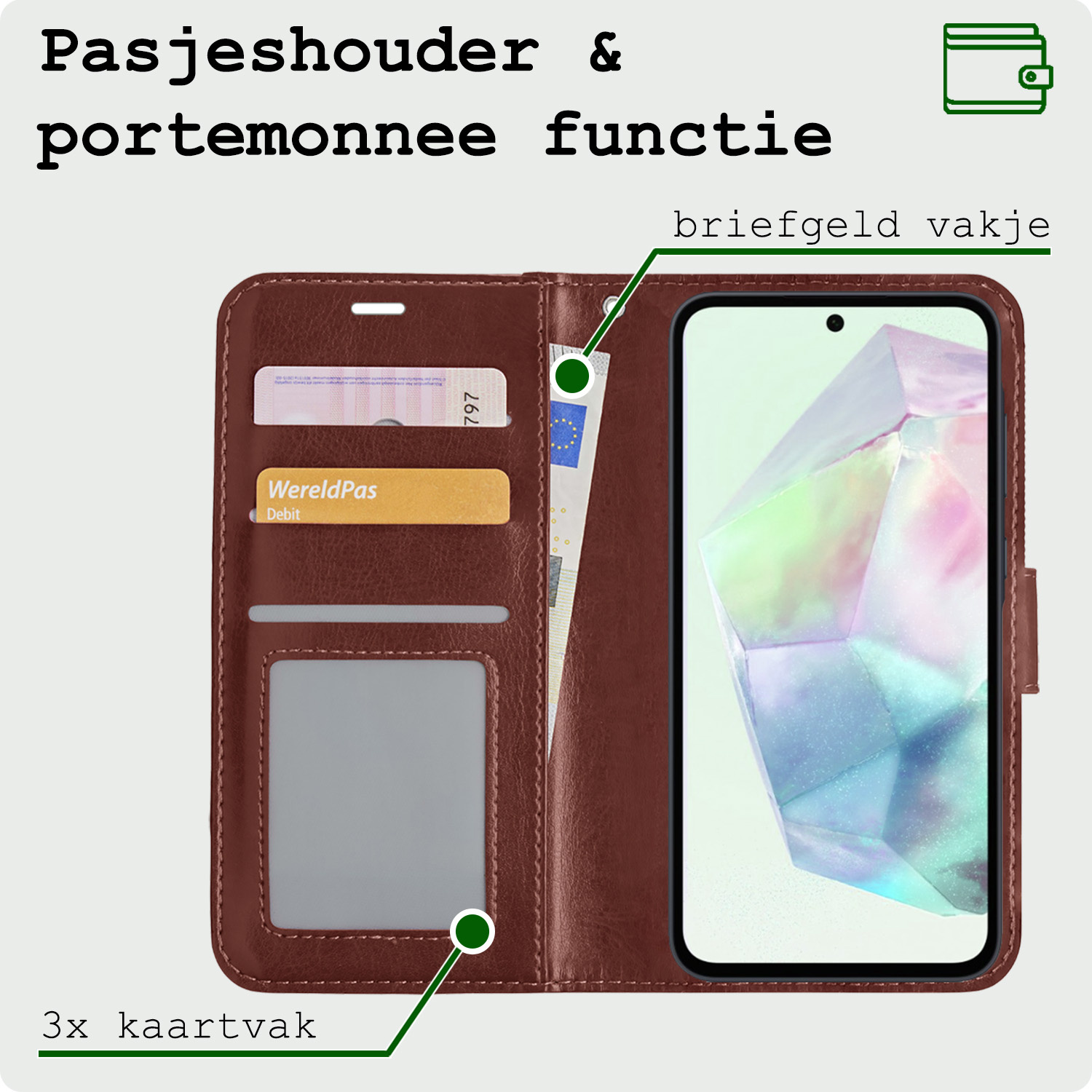 BASEY. Hoes Geschikt voor Samsung A35 Hoesje Bookcase Hoes Flip Case Book Cover Met Screenprotector - Hoesje Geschikt voor Samsung Galaxy A35 5G Hoes Book Case Hoesje - Bruin