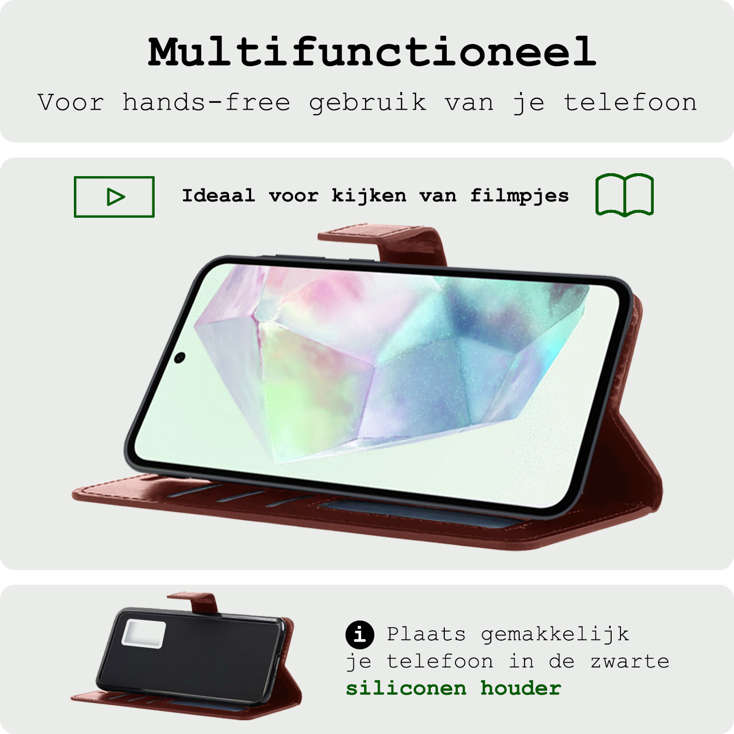 BASEY. Hoes Geschikt voor Samsung A35 Hoesje Bookcase Hoes Flip Case Book Cover Met Screenprotector - Hoesje Geschikt voor Samsung Galaxy A35 5G Hoes Book Case Hoesje - Bruin