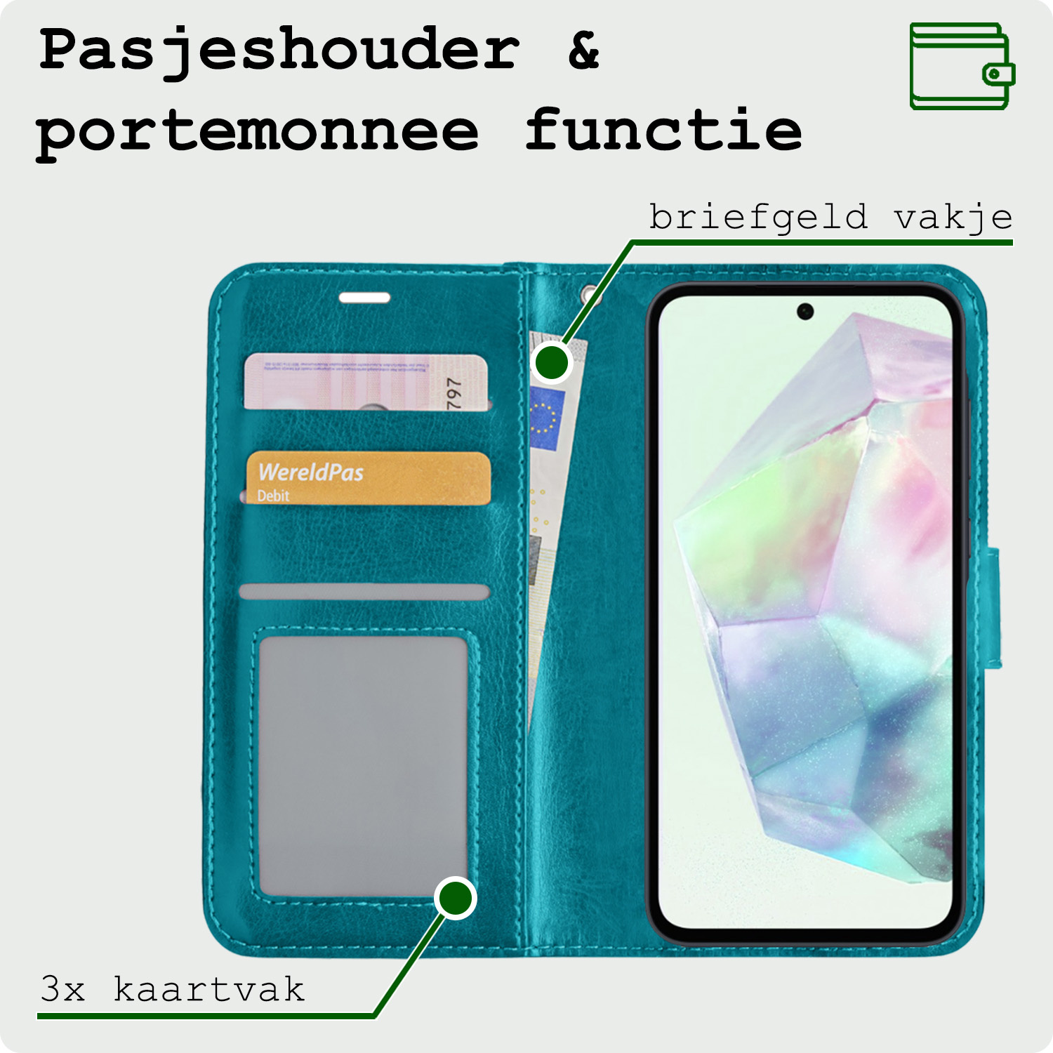 BASEY. Hoes Geschikt voor Samsung A35 Hoesje Bookcase Hoes Flip Case Book Cover - Hoesje Geschikt voor Samsung Galaxy A35 5G Hoes Book Case Hoesje - Turquoise