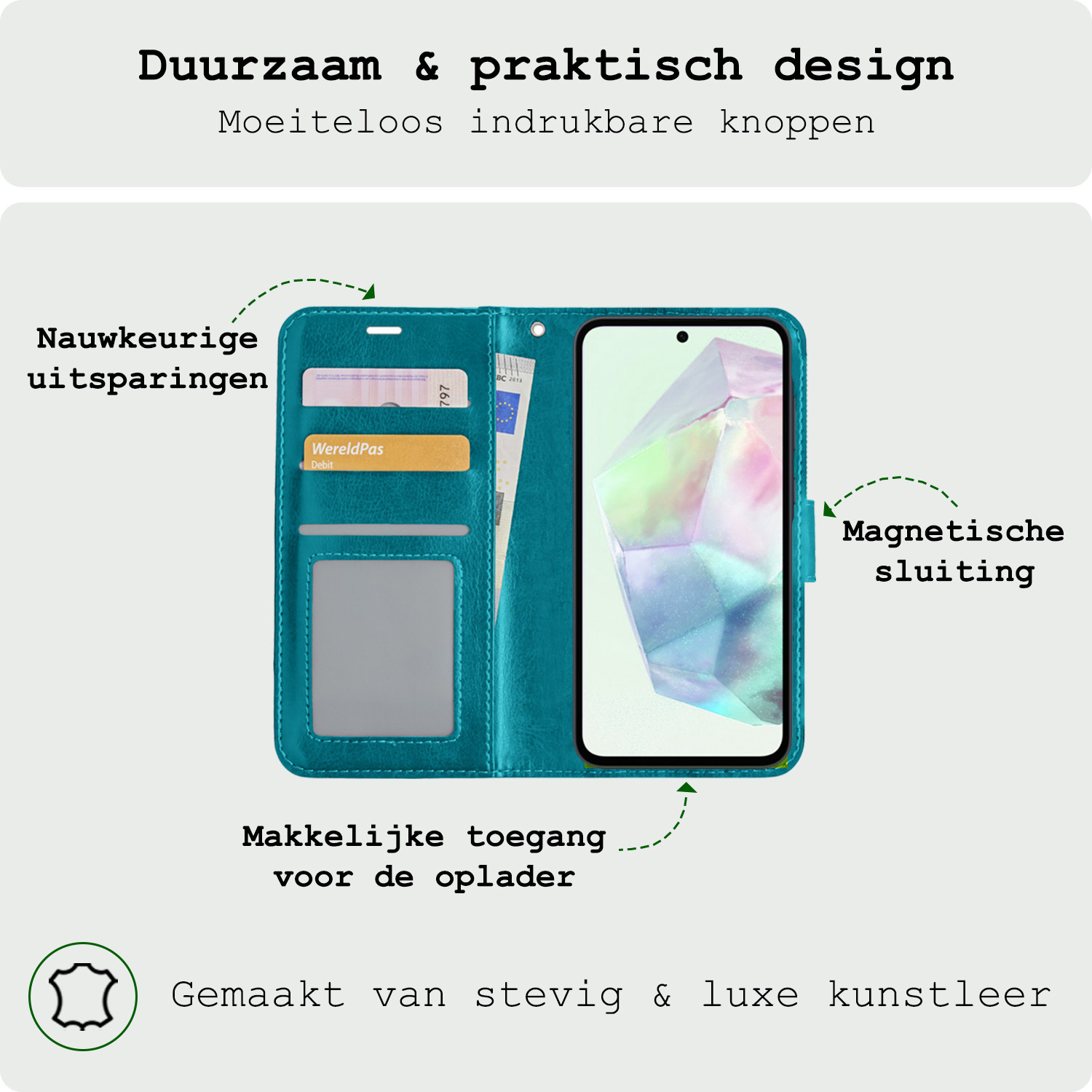 BASEY. Hoes Geschikt voor Samsung A35 Hoesje Bookcase Hoes Flip Case Book Cover - Hoesje Geschikt voor Samsung Galaxy A35 5G Hoes Book Case Hoesje - Turquoise