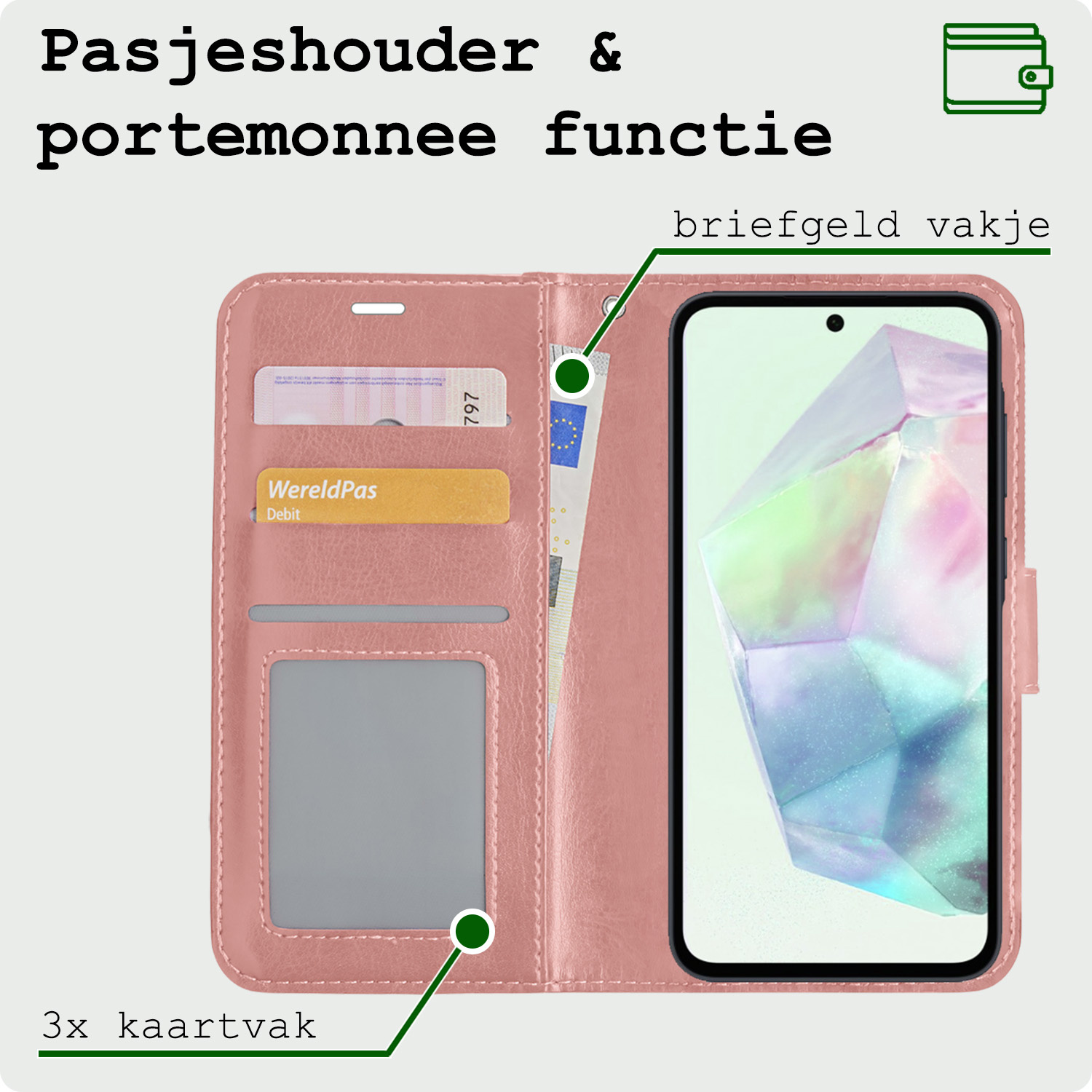 BASEY. Hoes Geschikt voor Samsung A35 Hoesje Bookcase Hoes Flip Case Book Cover - Hoesje Geschikt voor Samsung Galaxy A35 5G Hoes Book Case Hoesje - Rosé goud