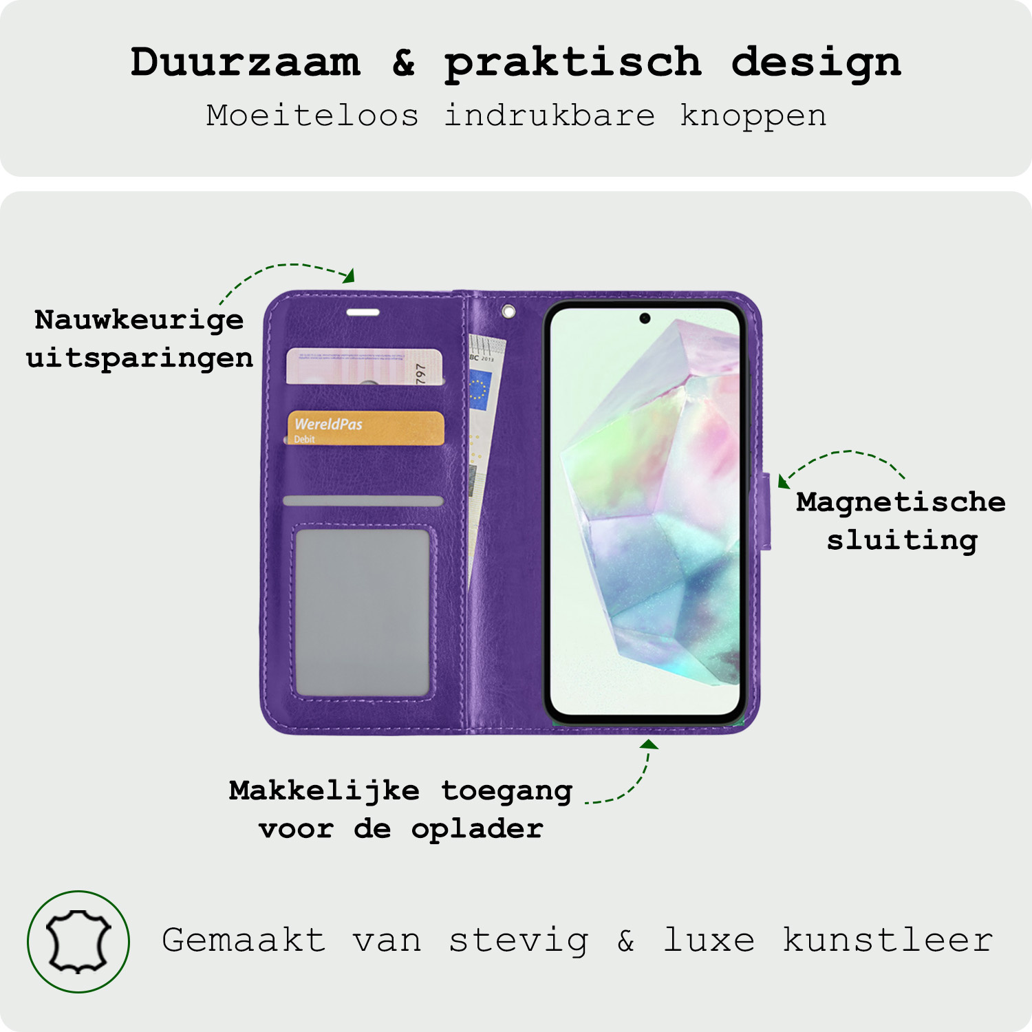 BASEY. Hoes Geschikt voor Samsung A35 Hoesje Bookcase Hoes Flip Case Book Cover - Hoesje Geschikt voor Samsung Galaxy A35 5G Hoes Book Case Hoesje - Paars