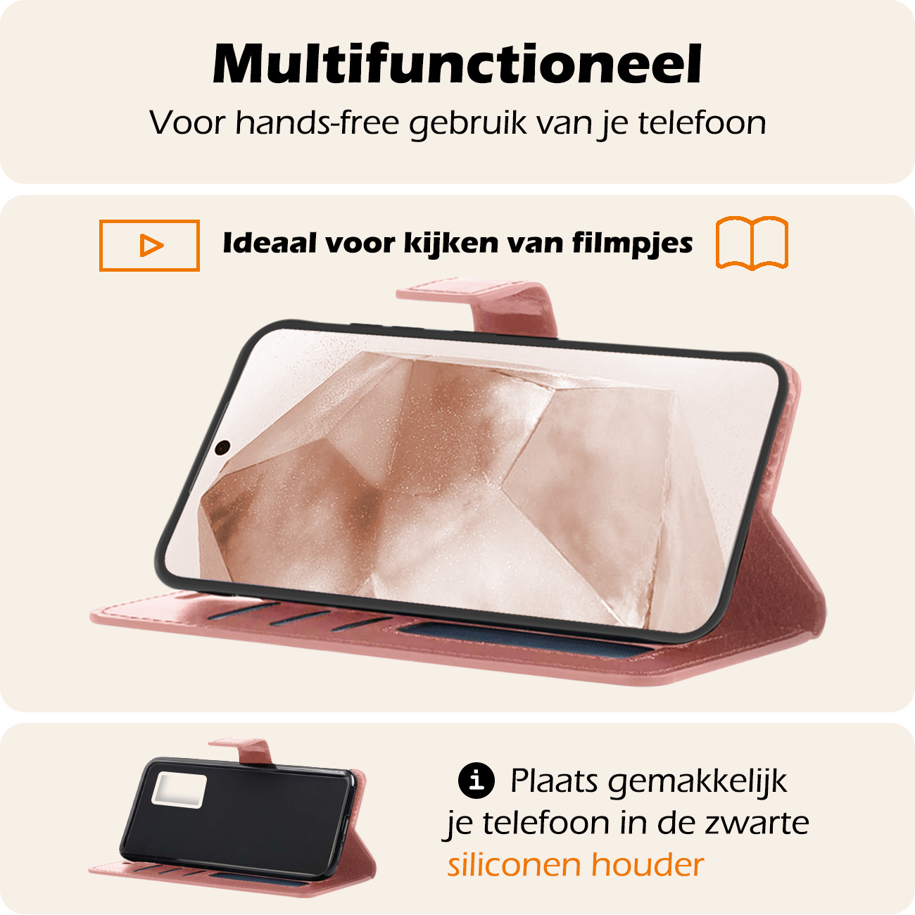 Nomfy Hoesje Geschikt voor Samsung A55 Hoes Bookcase Flipcase Book Cover Met 2x Screenprotector - Hoes Geschikt voor Samsung Galaxy A55 Hoesje Book Case - Rosé goud