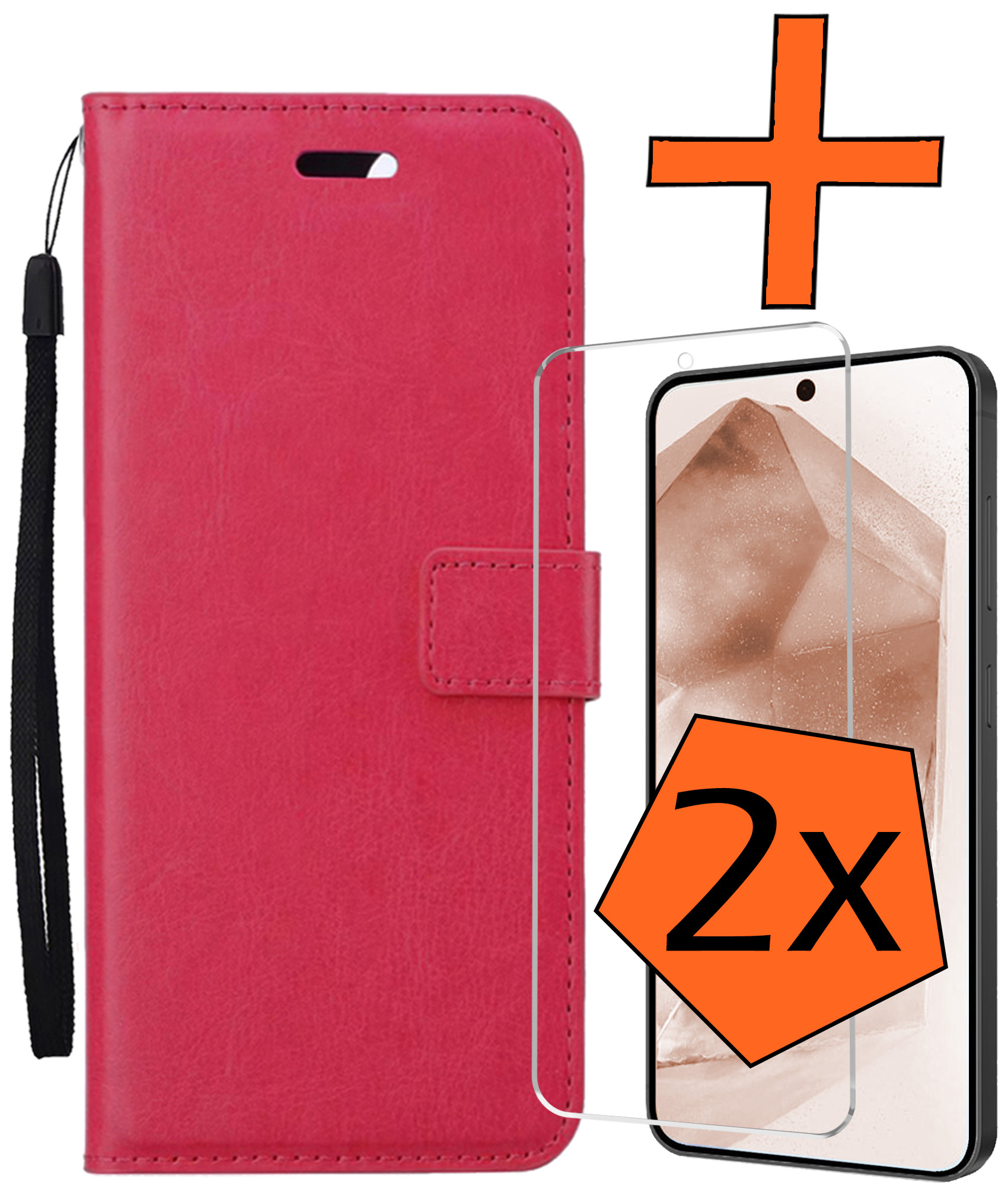 Nomfy Hoesje Geschikt voor Samsung A55 Hoes Bookcase Flipcase Book Cover Met 2x Screenprotector - Hoes Geschikt voor Samsung Galaxy A55 Hoesje Book Case - Donkerroze