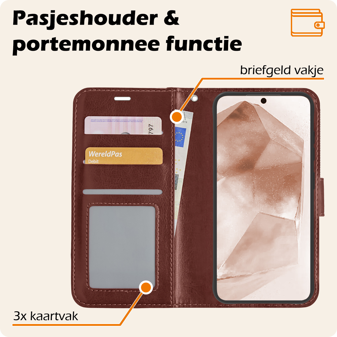 Nomfy Hoesje Geschikt voor Samsung A55 Hoes Bookcase Flipcase Book Cover Met 2x Screenprotector - Hoes Geschikt voor Samsung Galaxy A55 Hoesje Book Case - Bruin