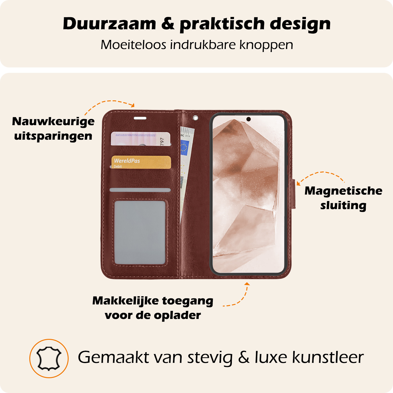 Nomfy Hoesje Geschikt voor Samsung A55 Hoes Bookcase Flipcase Book Cover Met 2x Screenprotector - Hoes Geschikt voor Samsung Galaxy A55 Hoesje Book Case - Bruin