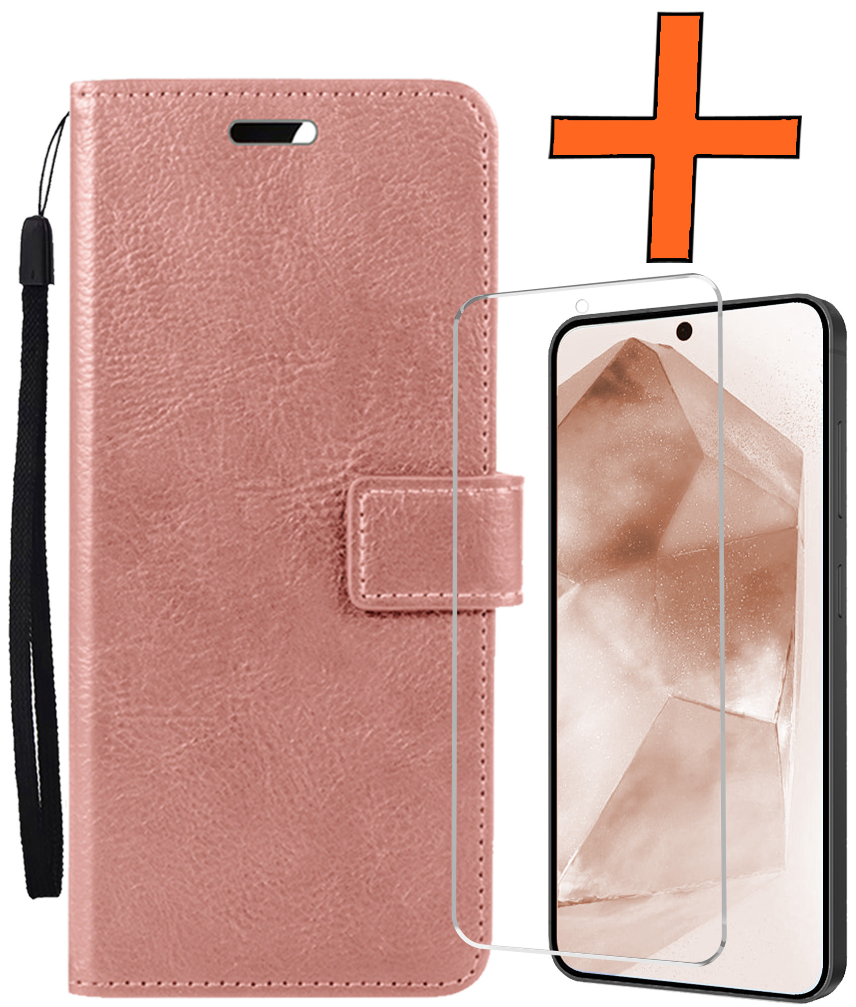 Nomfy Hoesje Geschikt voor Samsung A55 Hoes Bookcase Flipcase Book Cover Met Screenprotector - Hoes Geschikt voor Samsung Galaxy A55 Hoesje Book Case - Rosé goud