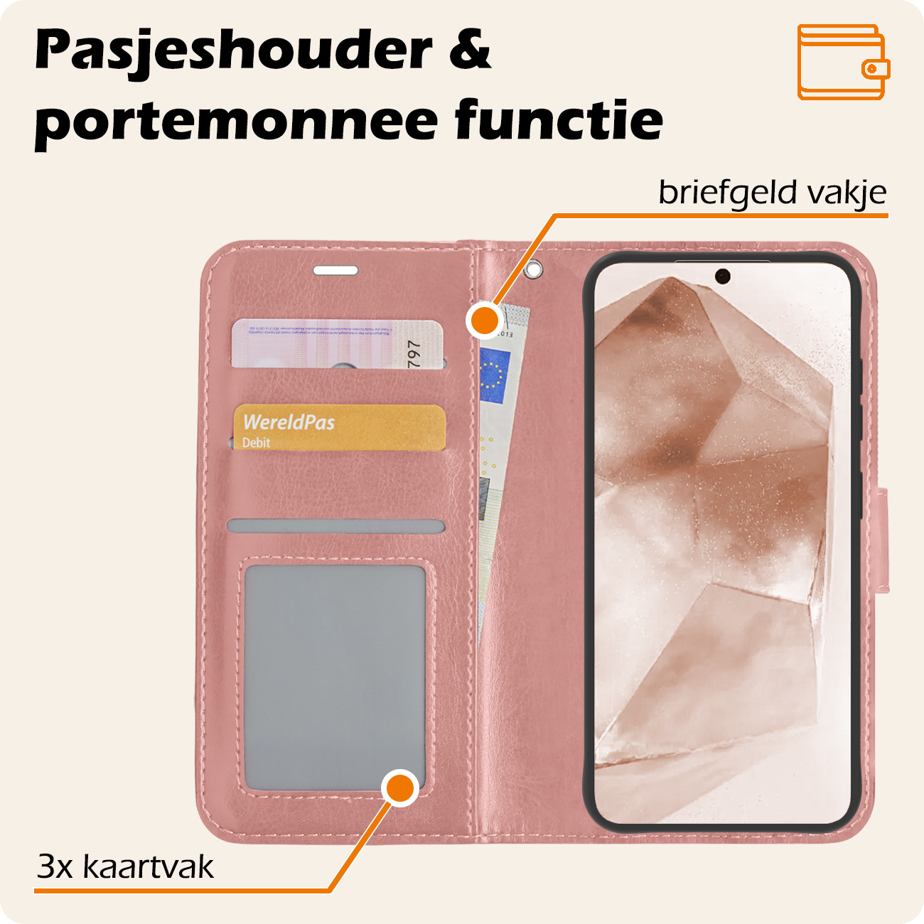 Nomfy Hoesje Geschikt voor Samsung A55 Hoes Bookcase Flipcase Book Cover Met Screenprotector - Hoes Geschikt voor Samsung Galaxy A55 Hoesje Book Case - Rosé goud