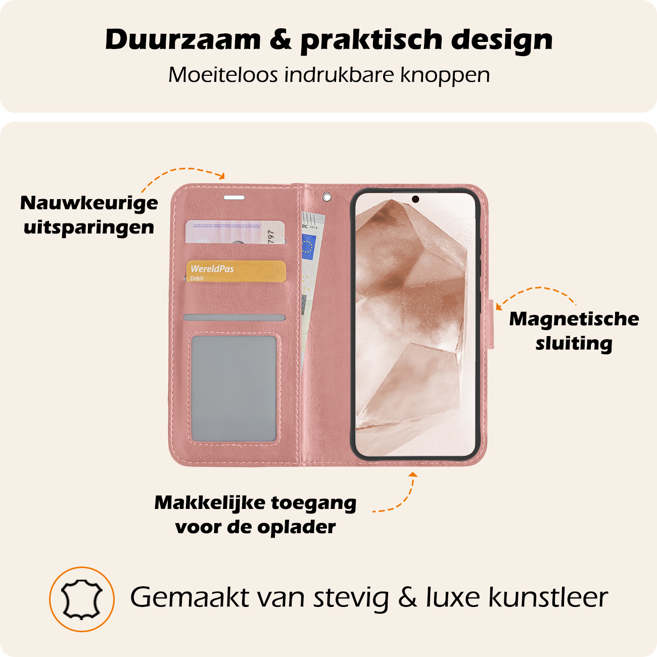 Nomfy Hoesje Geschikt voor Samsung A55 Hoes Bookcase Flipcase Book Cover Met Screenprotector - Hoes Geschikt voor Samsung Galaxy A55 Hoesje Book Case - Rosé goud