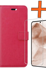 Nomfy Hoesje Geschikt voor Samsung A55 Hoes Bookcase Flipcase Book Cover Met Screenprotector - Hoes Geschikt voor Samsung Galaxy A55 Hoesje Book Case - Donkerroze