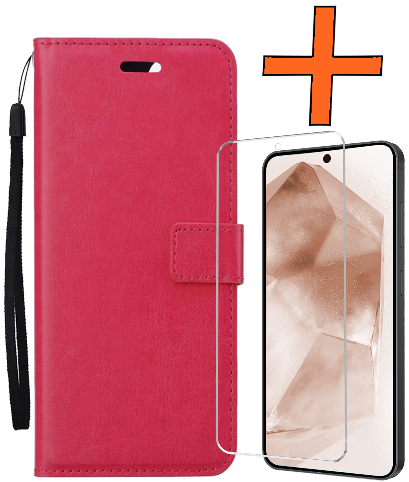 Nomfy Hoesje Geschikt voor Samsung A55 Hoes Bookcase Flipcase Book Cover Met Screenprotector - Hoes Geschikt voor Samsung Galaxy A55 Hoesje Book Case - Donkerroze