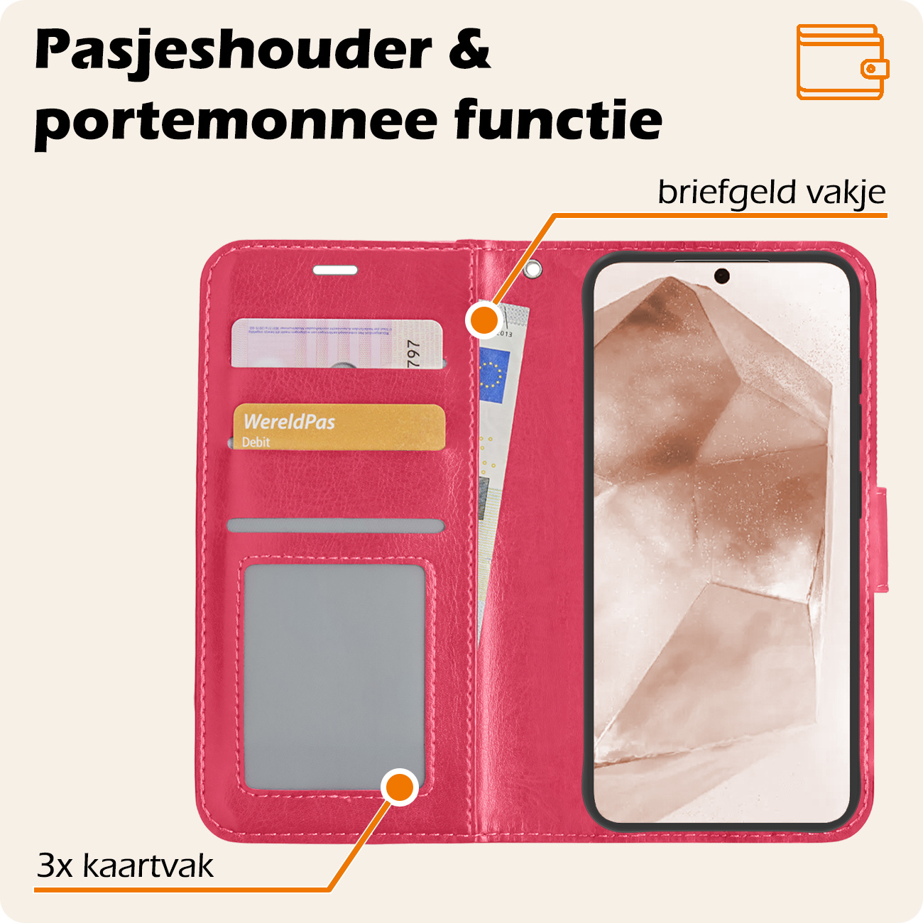 Nomfy Hoesje Geschikt voor Samsung A55 Hoes Bookcase Flipcase Book Cover Met Screenprotector - Hoes Geschikt voor Samsung Galaxy A55 Hoesje Book Case - Donkerroze