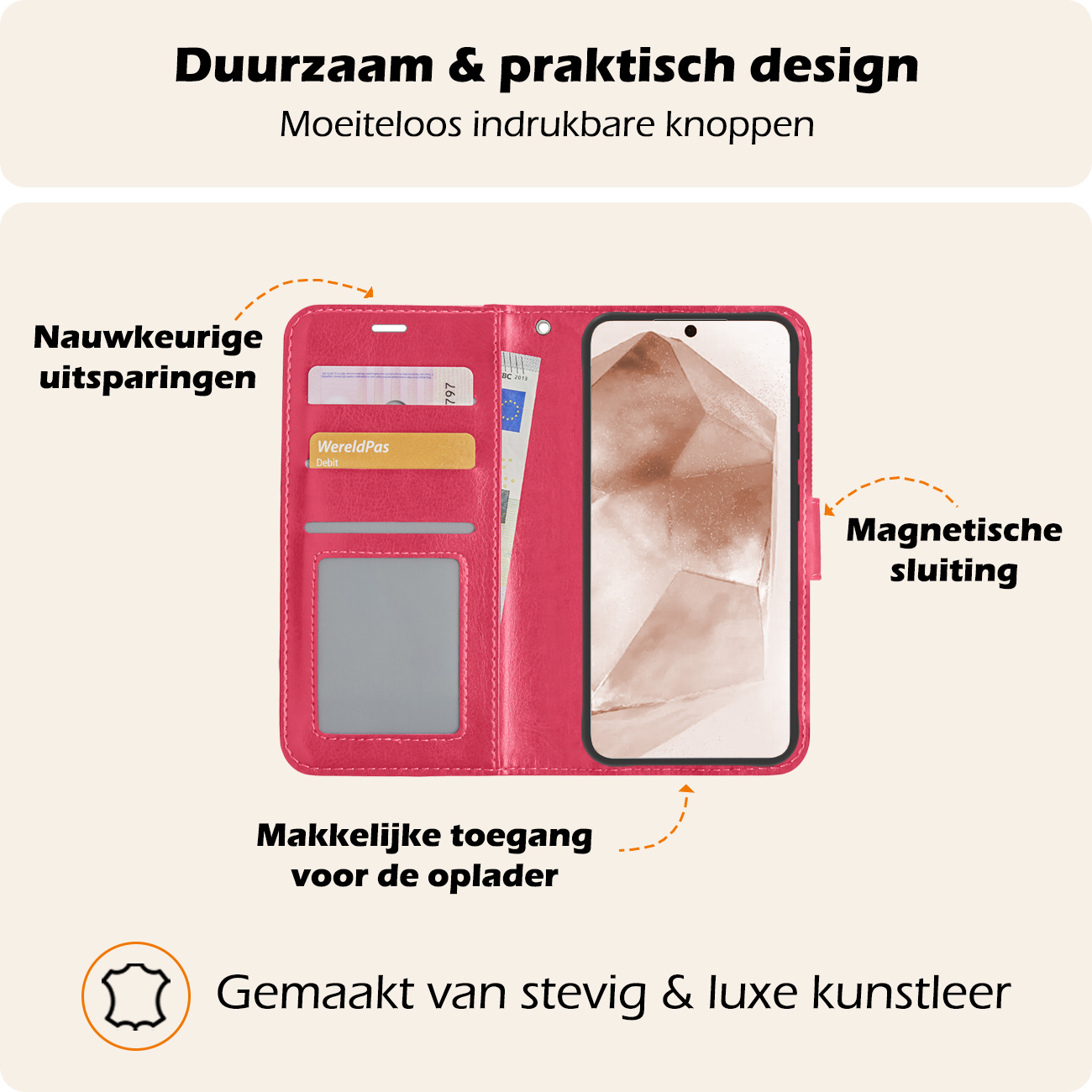 Nomfy Hoesje Geschikt voor Samsung A55 Hoes Bookcase Flipcase Book Cover Met Screenprotector - Hoes Geschikt voor Samsung Galaxy A55 Hoesje Book Case - Donkerroze