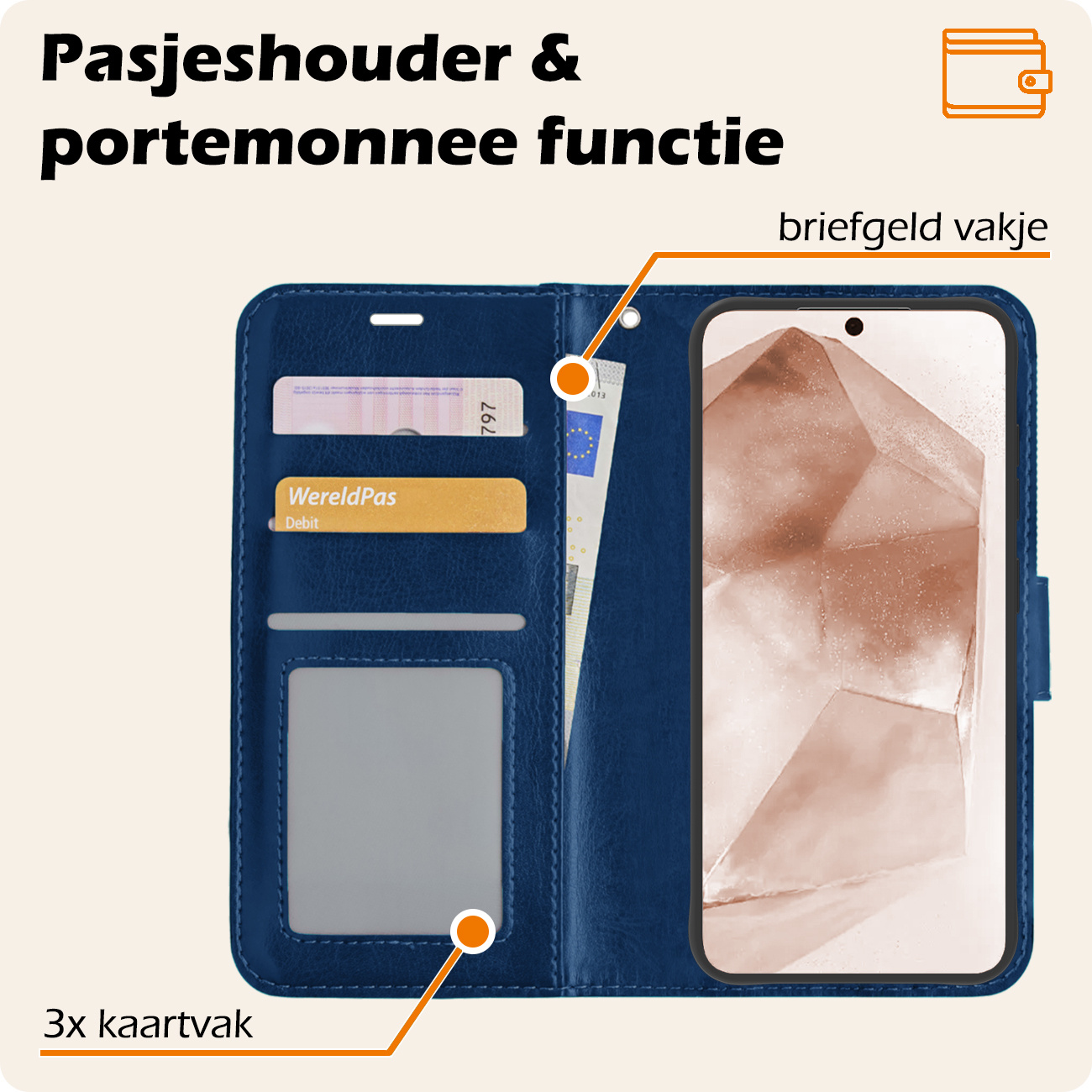 Nomfy Hoesje Geschikt voor Samsung A55 Hoes Bookcase Flipcase Book Cover Met Screenprotector - Hoes Geschikt voor Samsung Galaxy A55 Hoesje Book Case - Donkerblauw