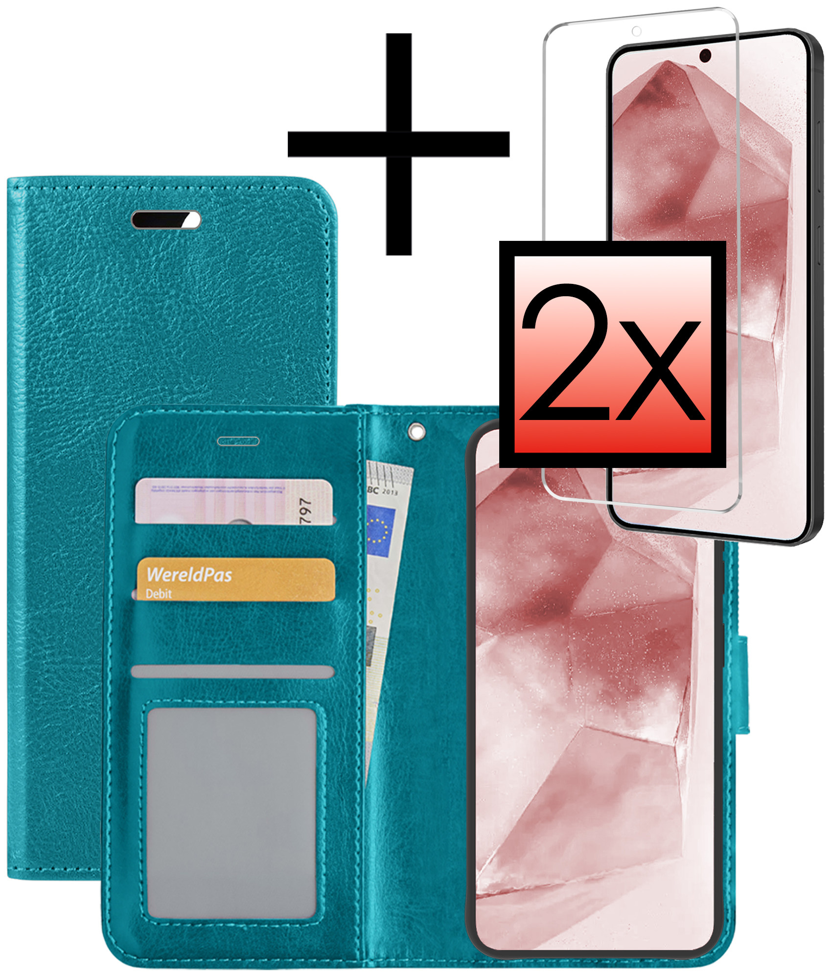 NoXx Hoes Geschikt voor Samsung A55 Hoesje Book Case Hoes Flip Cover Wallet Bookcase Met 2x Screenprotector - Turquoise