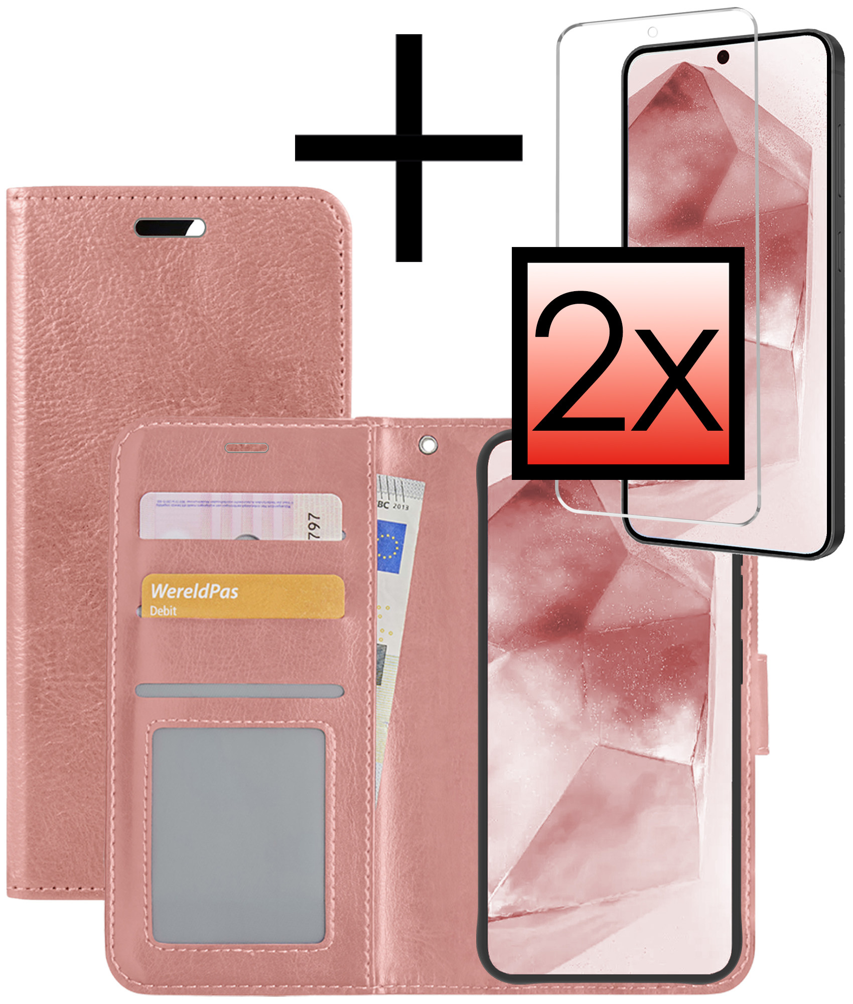 NoXx Hoes Geschikt voor Samsung A55 Hoesje Book Case Hoes Flip Cover Wallet Bookcase Met 2x Screenprotector - Rosé goud