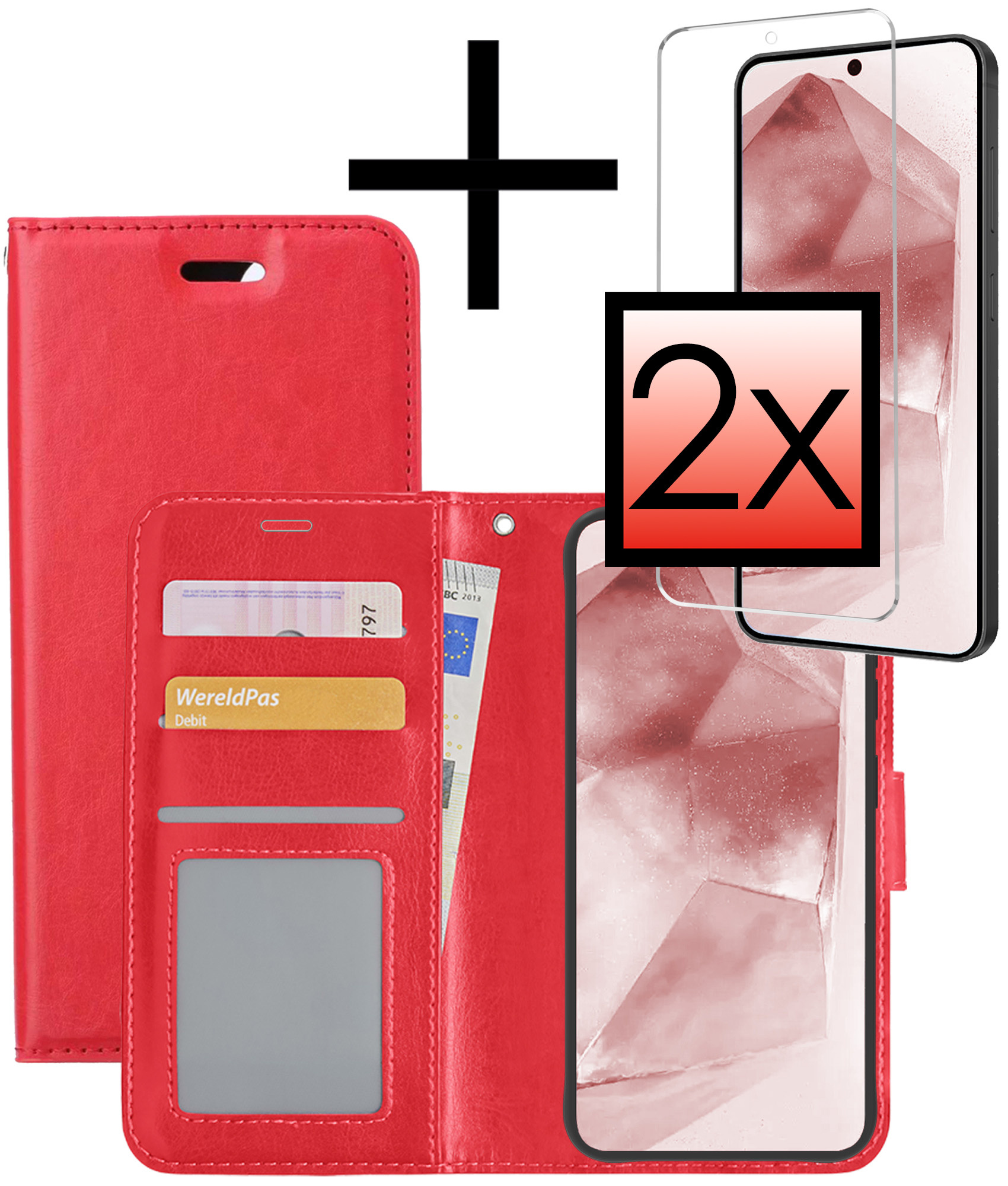 NoXx Hoes Geschikt voor Samsung A55 Hoesje Book Case Hoes Flip Cover Wallet Bookcase Met 2x Screenprotector - Rood