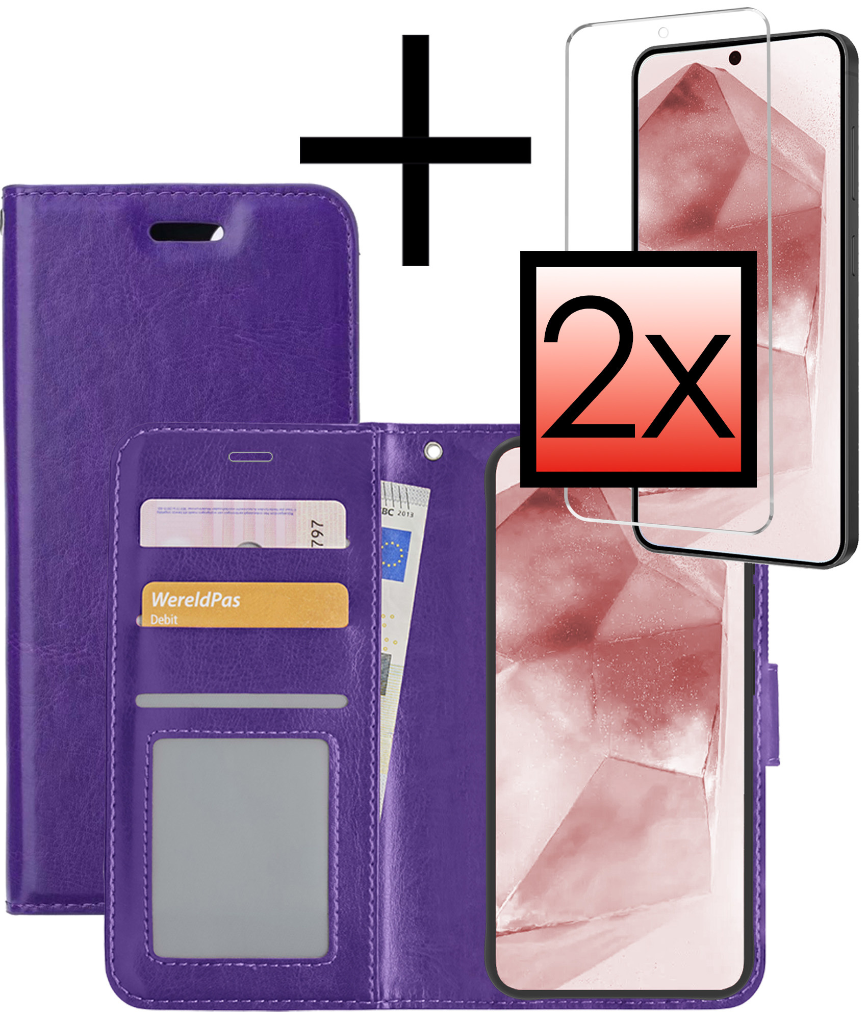 NoXx Hoes Geschikt voor Samsung A55 Hoesje Book Case Hoes Flip Cover Wallet Bookcase Met 2x Screenprotector - Paars