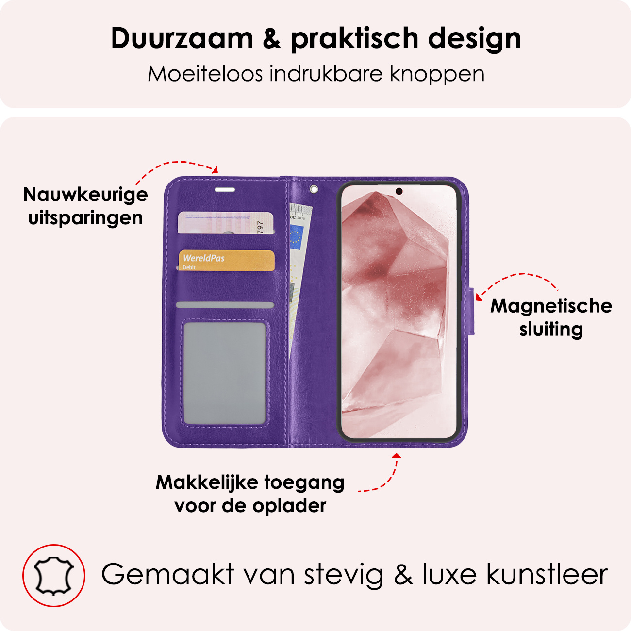 NoXx Hoes Geschikt voor Samsung A55 Hoesje Book Case Hoes Flip Cover Wallet Bookcase Met 2x Screenprotector - Paars