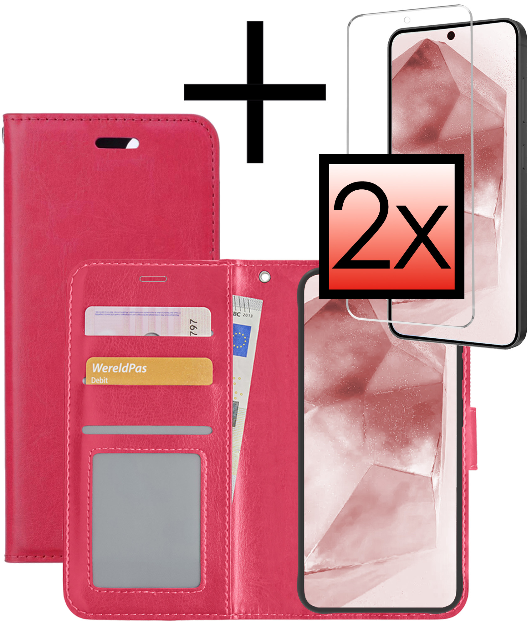 NoXx Hoes Geschikt voor Samsung A55 Hoesje Book Case Hoes Flip Cover Wallet Bookcase Met 2x Screenprotector - Donkerroze