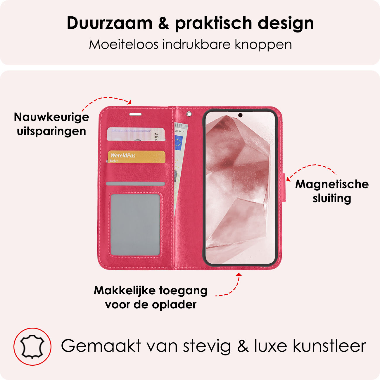 NoXx Hoes Geschikt voor Samsung A55 Hoesje Book Case Hoes Flip Cover Wallet Bookcase Met 2x Screenprotector - Donkerroze