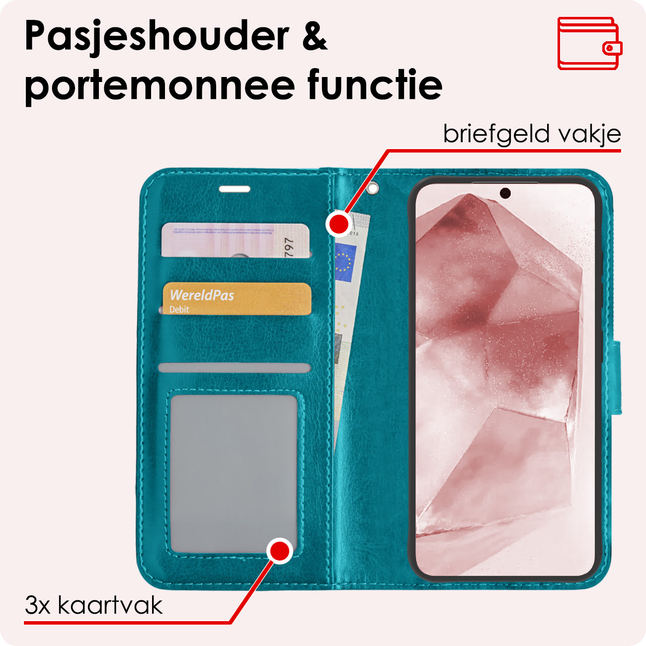 NoXx Hoes Geschikt voor Samsung A55 Hoesje Book Case Hoes Flip Cover Wallet Bookcase Met Screenprotector - Turquoise