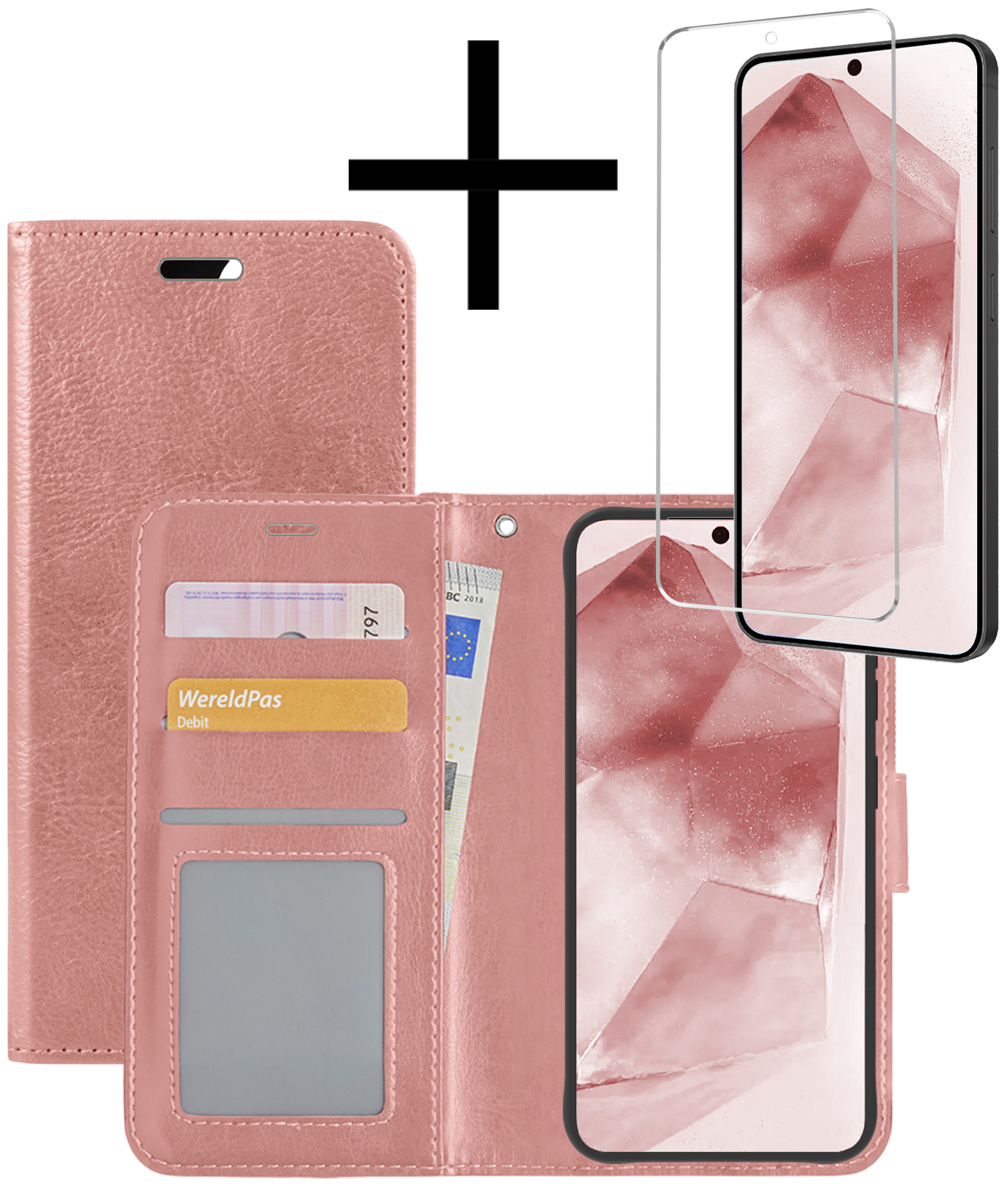 NoXx Hoes Geschikt voor Samsung A55 Hoesje Book Case Hoes Flip Cover Wallet Bookcase Met Screenprotector - Rosé goud
