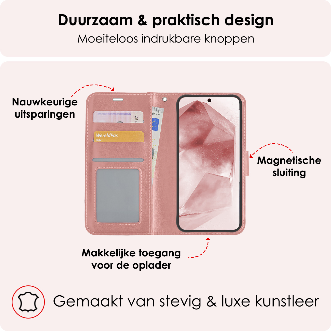 NoXx Hoes Geschikt voor Samsung A55 Hoesje Book Case Hoes Flip Cover Wallet Bookcase Met Screenprotector - Rosé goud