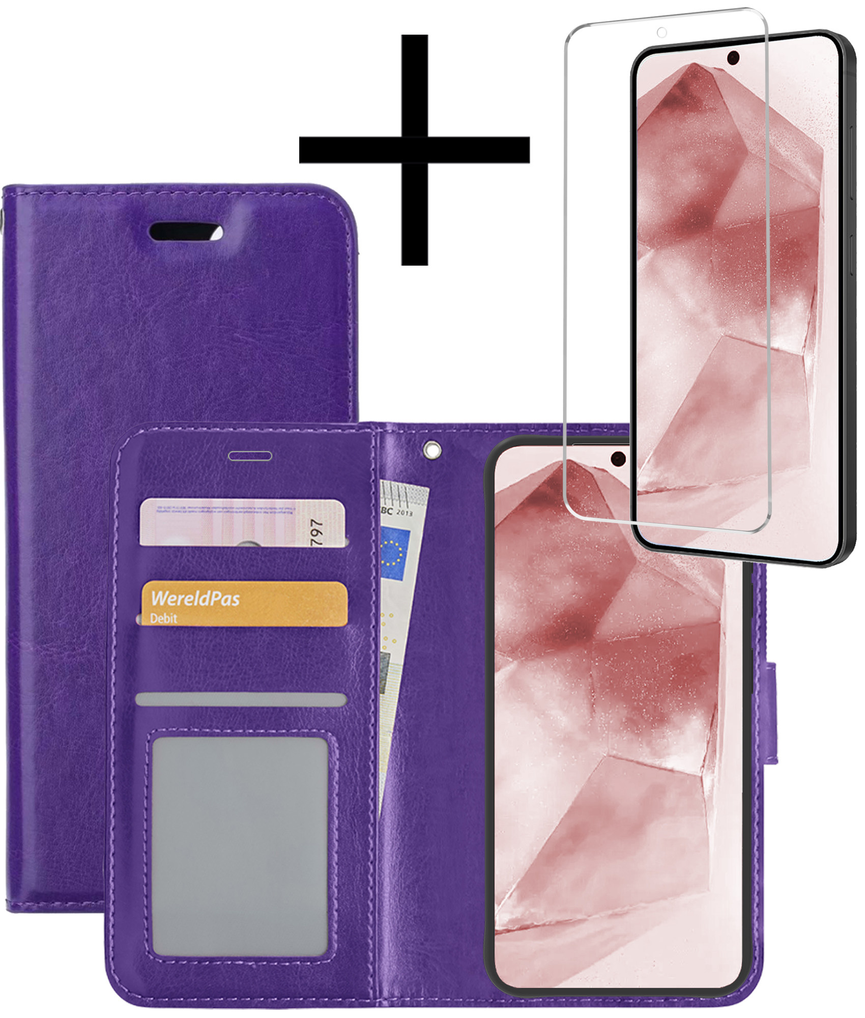 NoXx Hoes Geschikt voor Samsung A55 Hoesje Book Case Hoes Flip Cover Wallet Bookcase Met Screenprotector - Paars