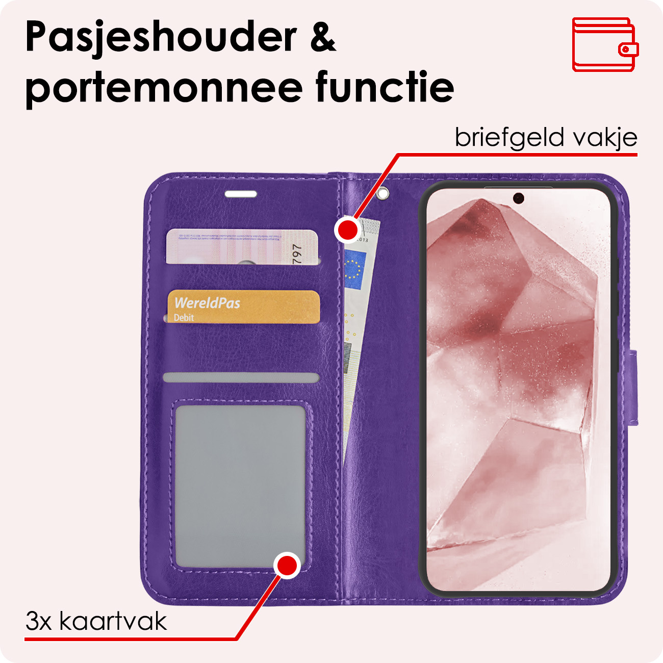 NoXx Hoes Geschikt voor Samsung A55 Hoesje Book Case Hoes Flip Cover Wallet Bookcase Met Screenprotector - Paars