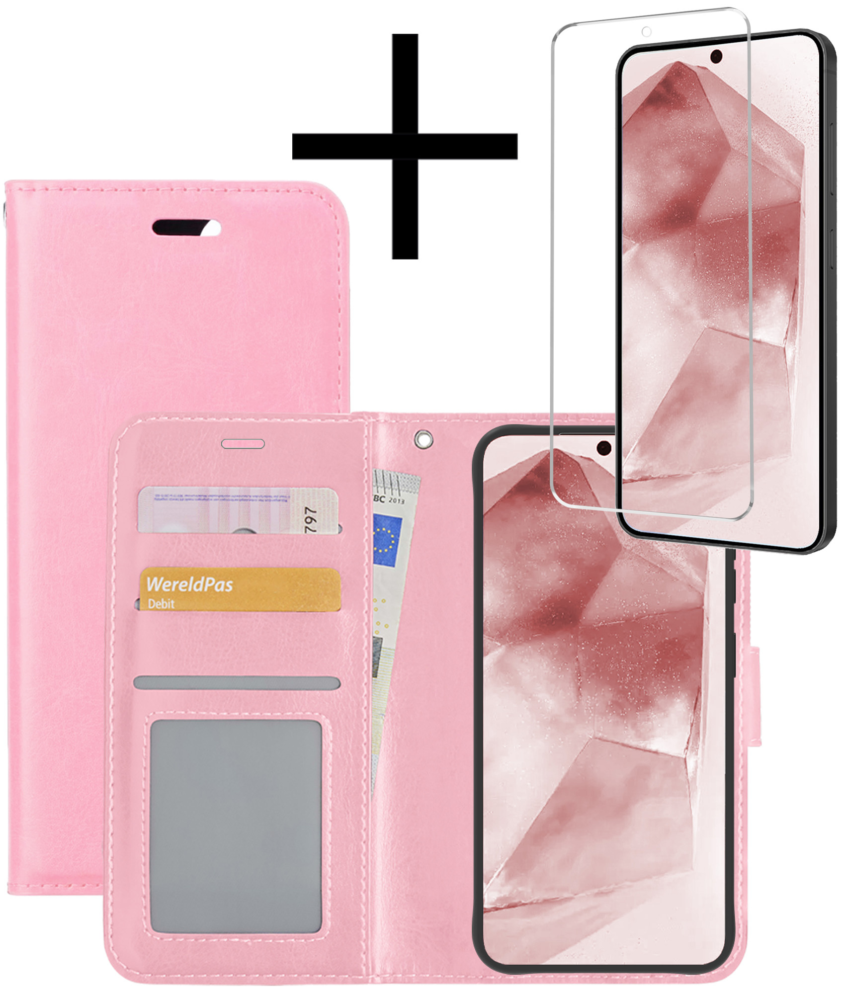 NoXx Hoes Geschikt voor Samsung A55 Hoesje Book Case Hoes Flip Cover Wallet Bookcase Met Screenprotector - Lichtroze