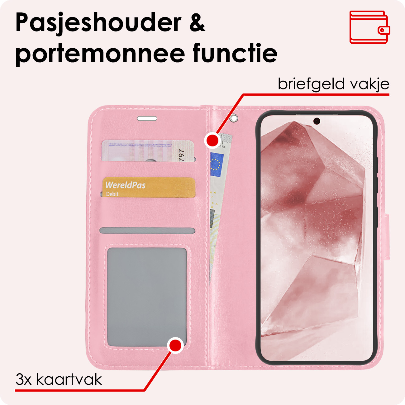 NoXx Hoes Geschikt voor Samsung A55 Hoesje Book Case Hoes Flip Cover Wallet Bookcase Met Screenprotector - Lichtroze