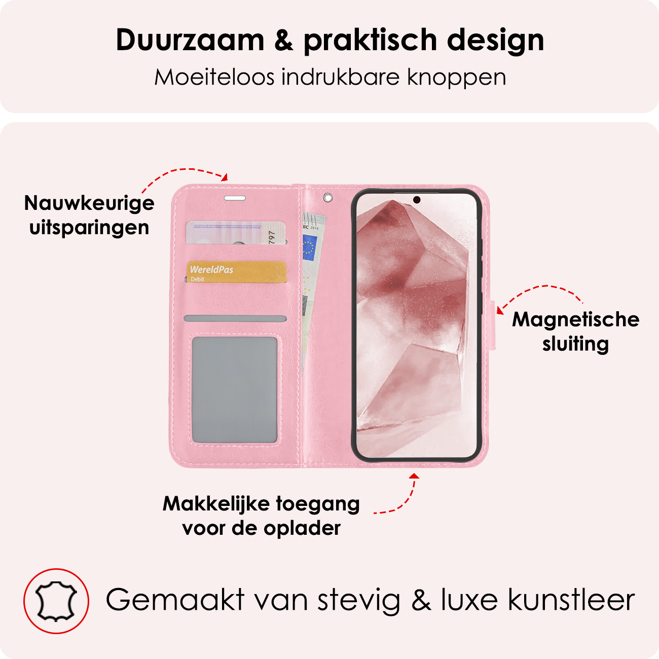 NoXx Hoes Geschikt voor Samsung A55 Hoesje Book Case Hoes Flip Cover Wallet Bookcase Met Screenprotector - Lichtroze