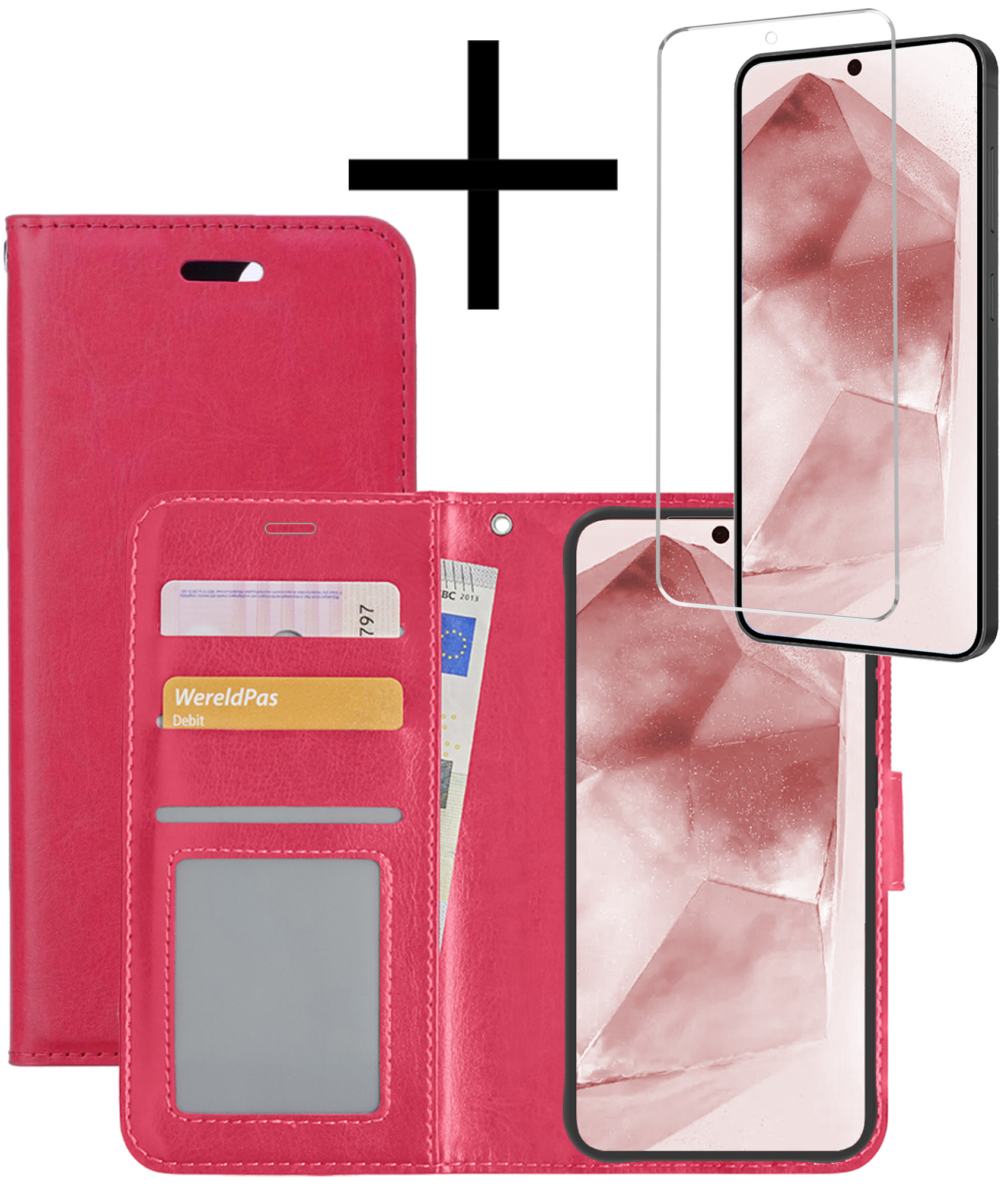 NoXx Hoes Geschikt voor Samsung A55 Hoesje Book Case Hoes Flip Cover Wallet Bookcase Met Screenprotector - Donkerroze