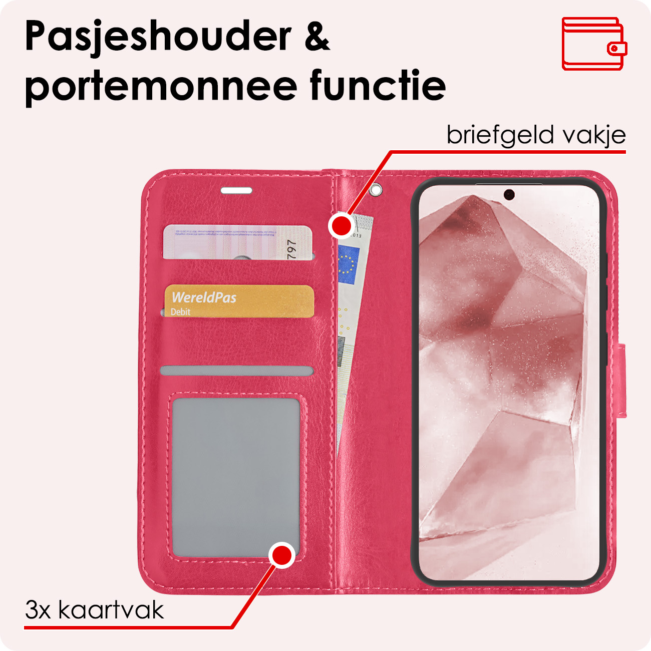 NoXx Hoes Geschikt voor Samsung A55 Hoesje Book Case Hoes Flip Cover Wallet Bookcase Met Screenprotector - Donkerroze