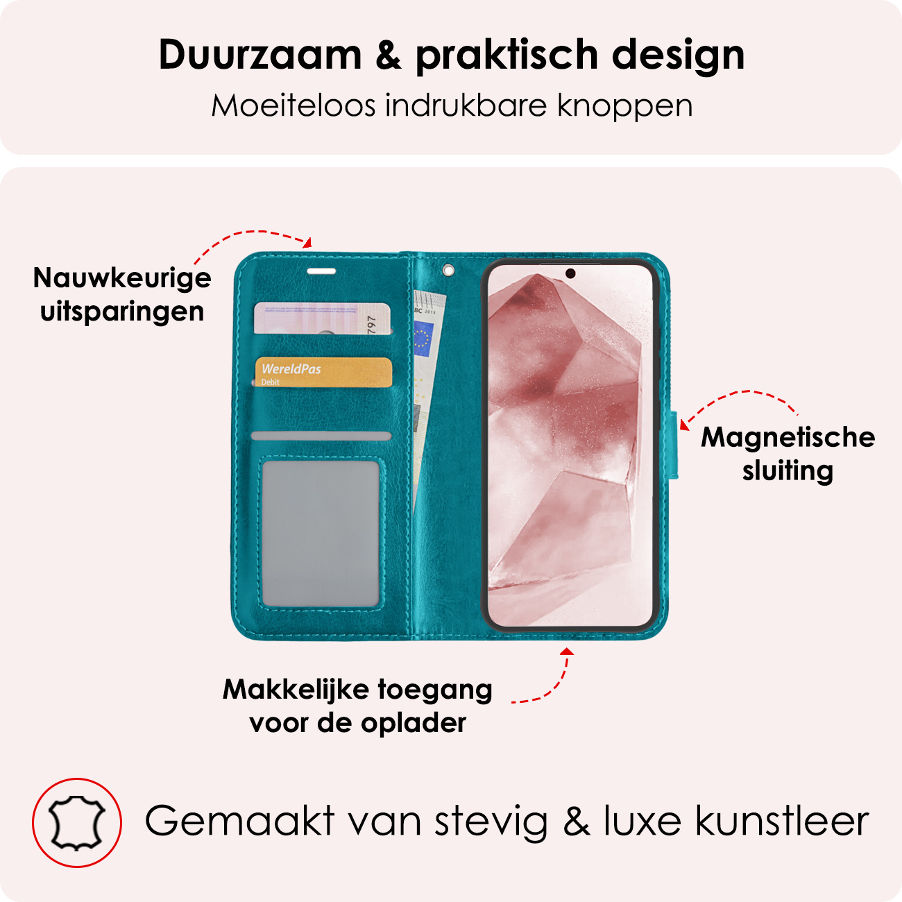 NoXx Hoes Geschikt voor Samsung A55 Hoesje Book Case Hoes Flip Cover Wallet Bookcase - Turquoise