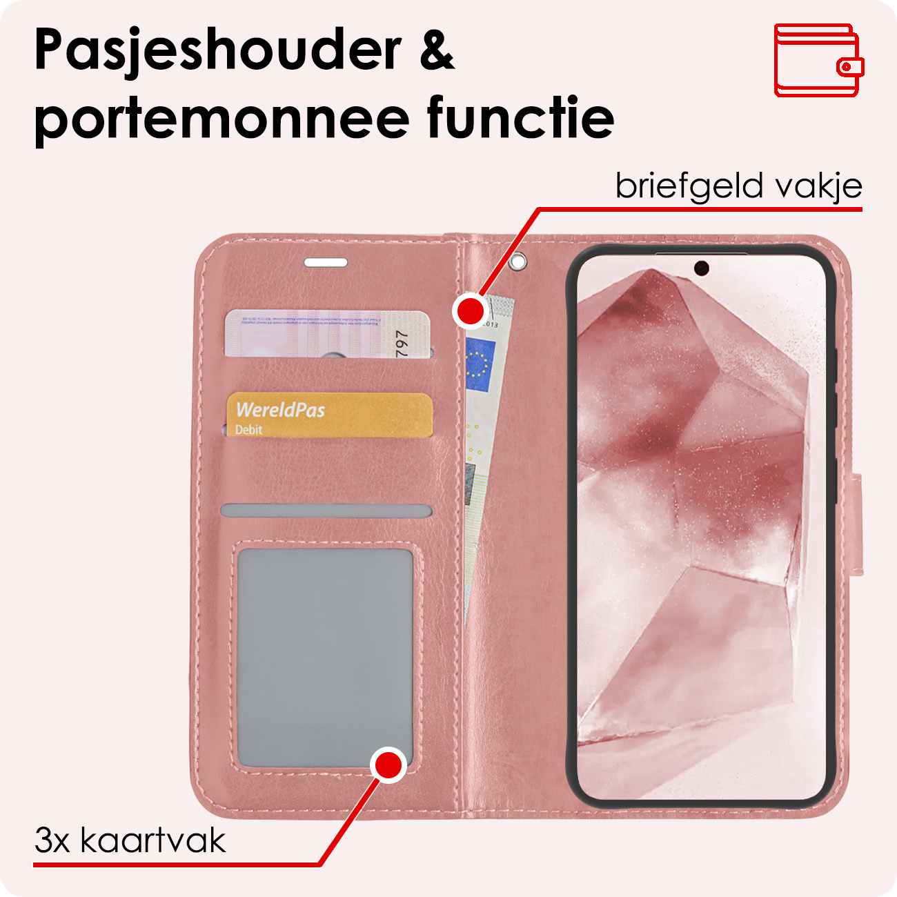 NoXx Hoes Geschikt voor Samsung A55 Hoesje Book Case Hoes Flip Cover Wallet Bookcase - Rosé goud