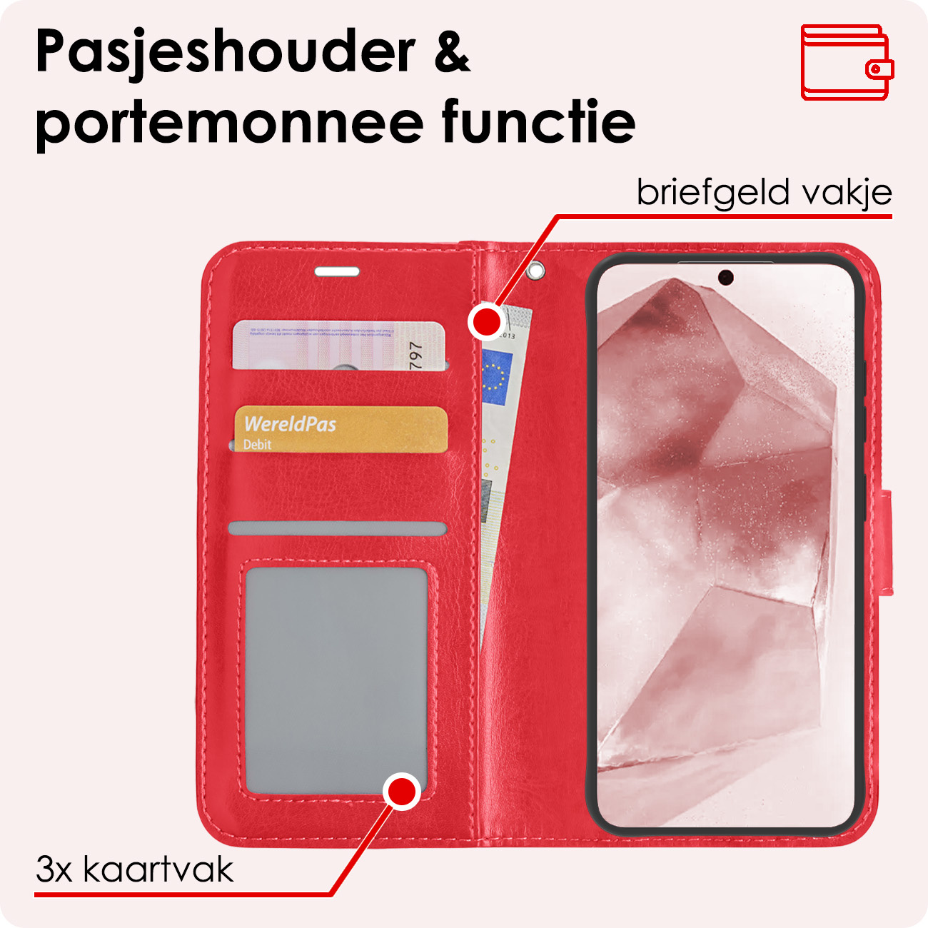 NoXx Hoes Geschikt voor Samsung A55 Hoesje Book Case Hoes Flip Cover Wallet Bookcase - Rood