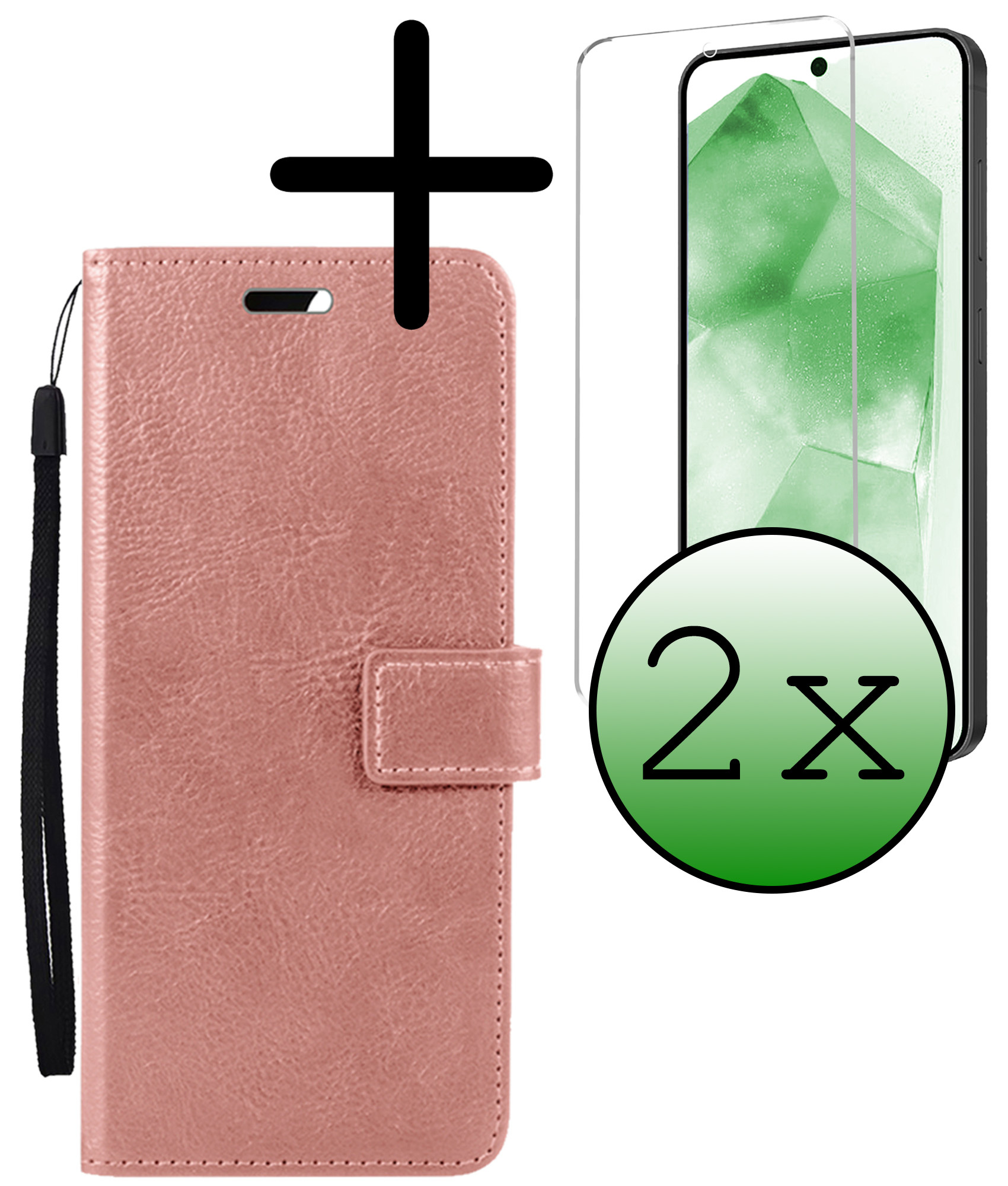 BASEY. Hoes Geschikt voor Samsung A55 Hoesje Bookcase Hoes Flip Case Book Cover Met 2x Screenprotector - Hoesje Geschikt voor Samsung Galaxy A55 Hoes Book Case Hoesje - Rosé goud