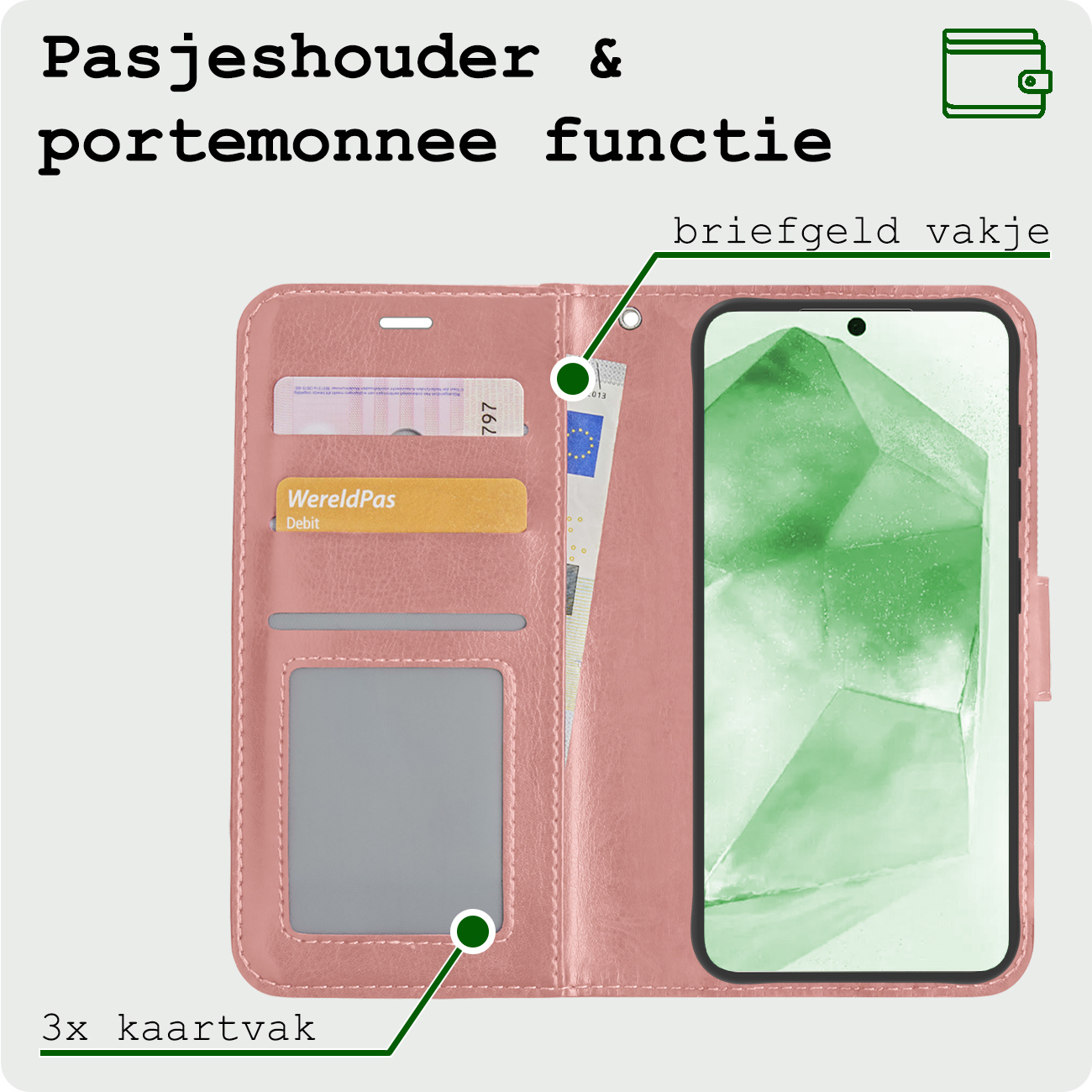 BASEY. Hoes Geschikt voor Samsung A55 Hoesje Bookcase Hoes Flip Case Book Cover Met 2x Screenprotector - Hoesje Geschikt voor Samsung Galaxy A55 Hoes Book Case Hoesje - Rosé goud
