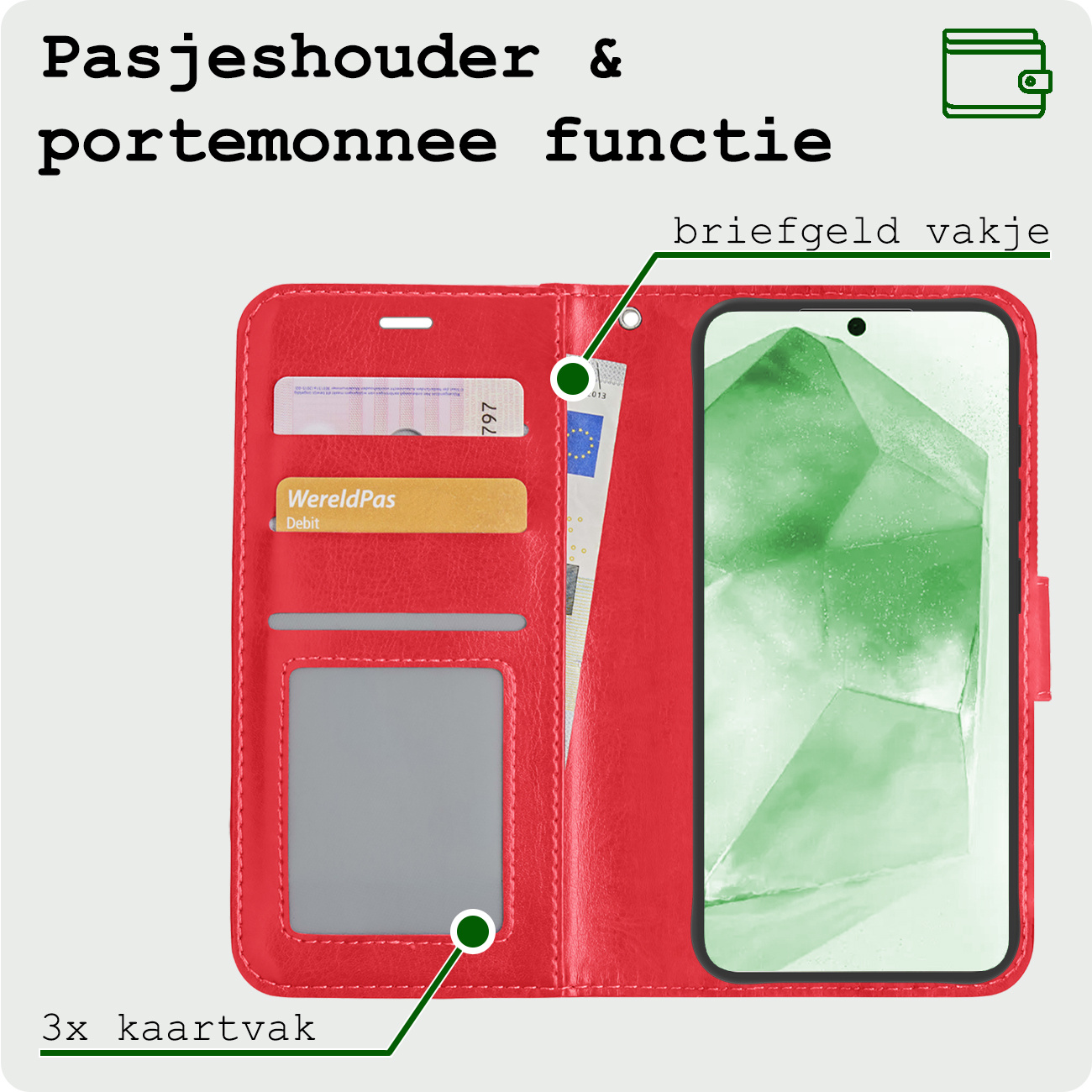 BASEY. Hoes Geschikt voor Samsung A55 Hoesje Bookcase Hoes Flip Case Book Cover Met 2x Screenprotector - Hoesje Geschikt voor Samsung Galaxy A55 Hoes Book Case Hoesje - Rood